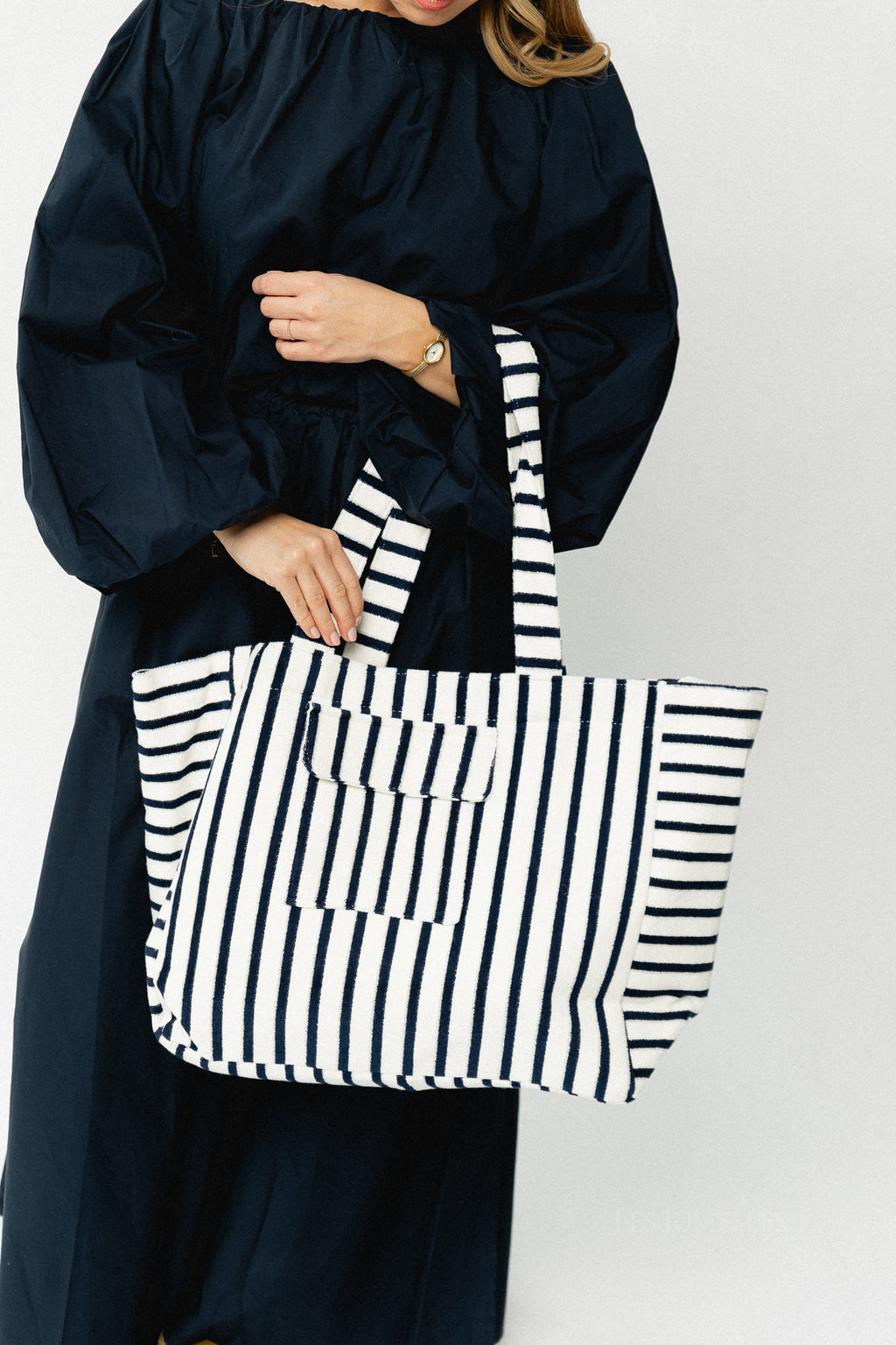Striped terry shopper – white/navy