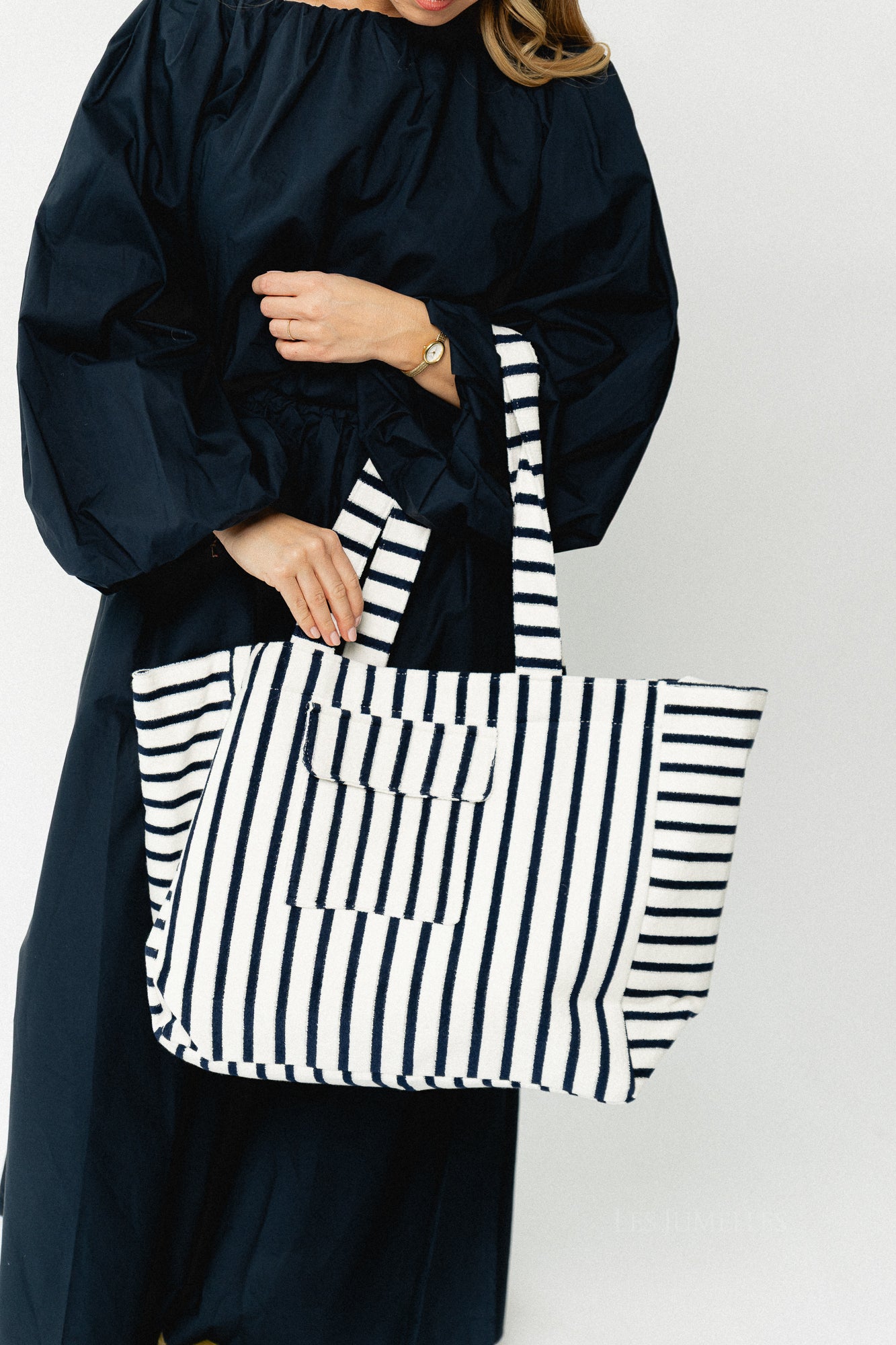Striped terry shopper – white/navy