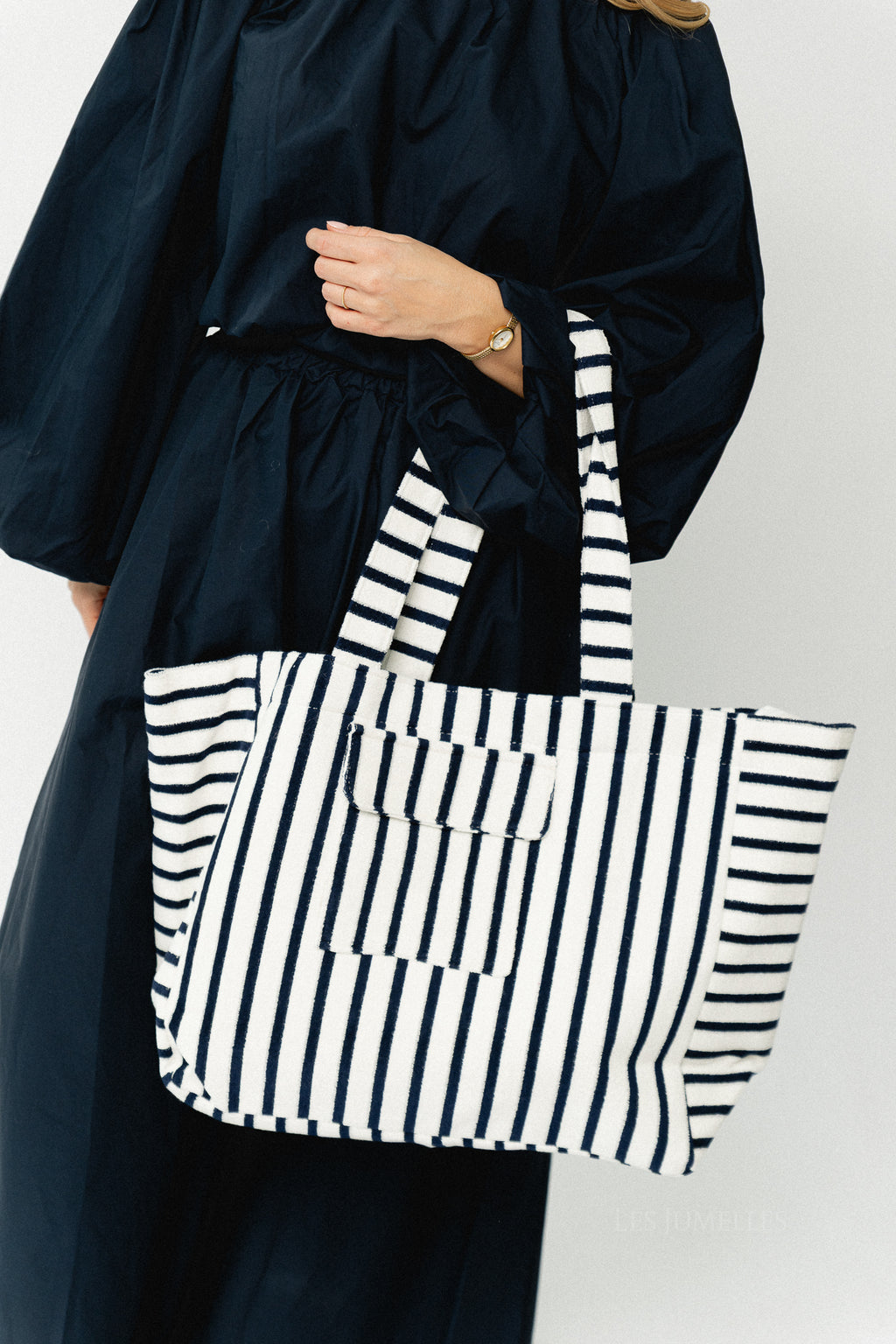 Striped terry shopper – white/navy