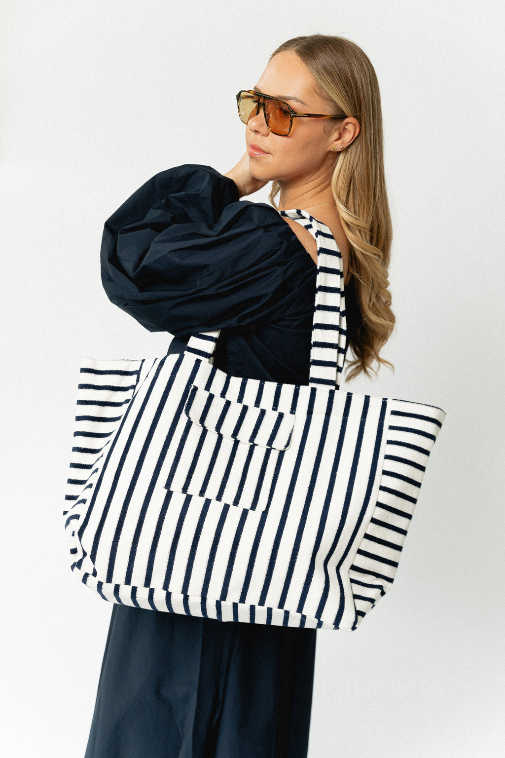 Striped terry shopper – white/navy