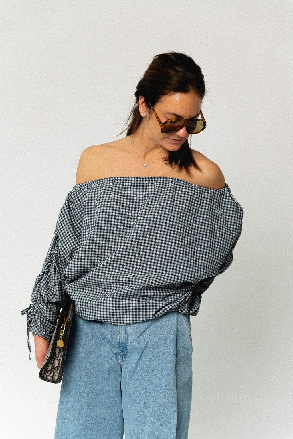 Olive checkered off shoulder blouse navy