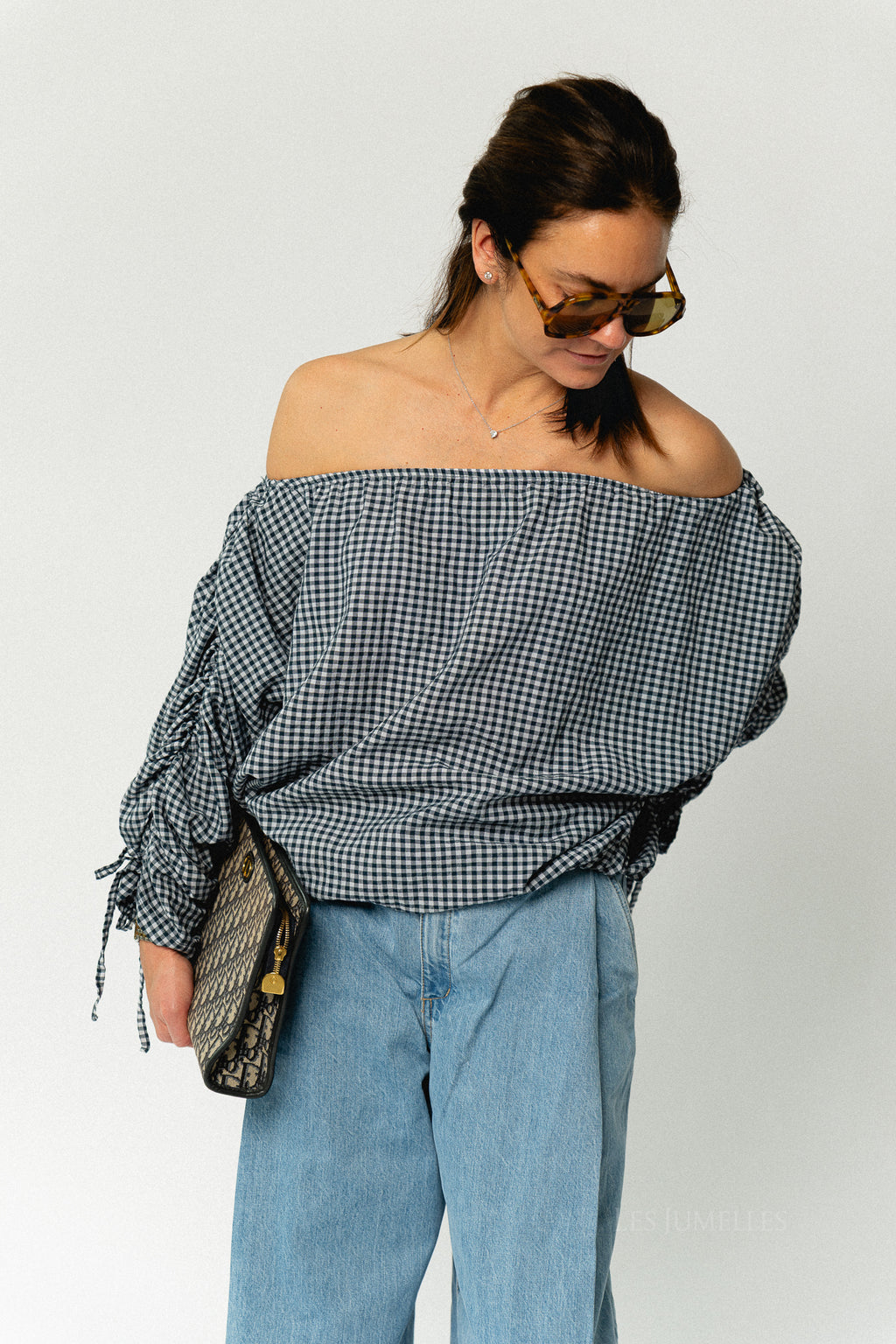 Olive checkered off shoulder blouse navy