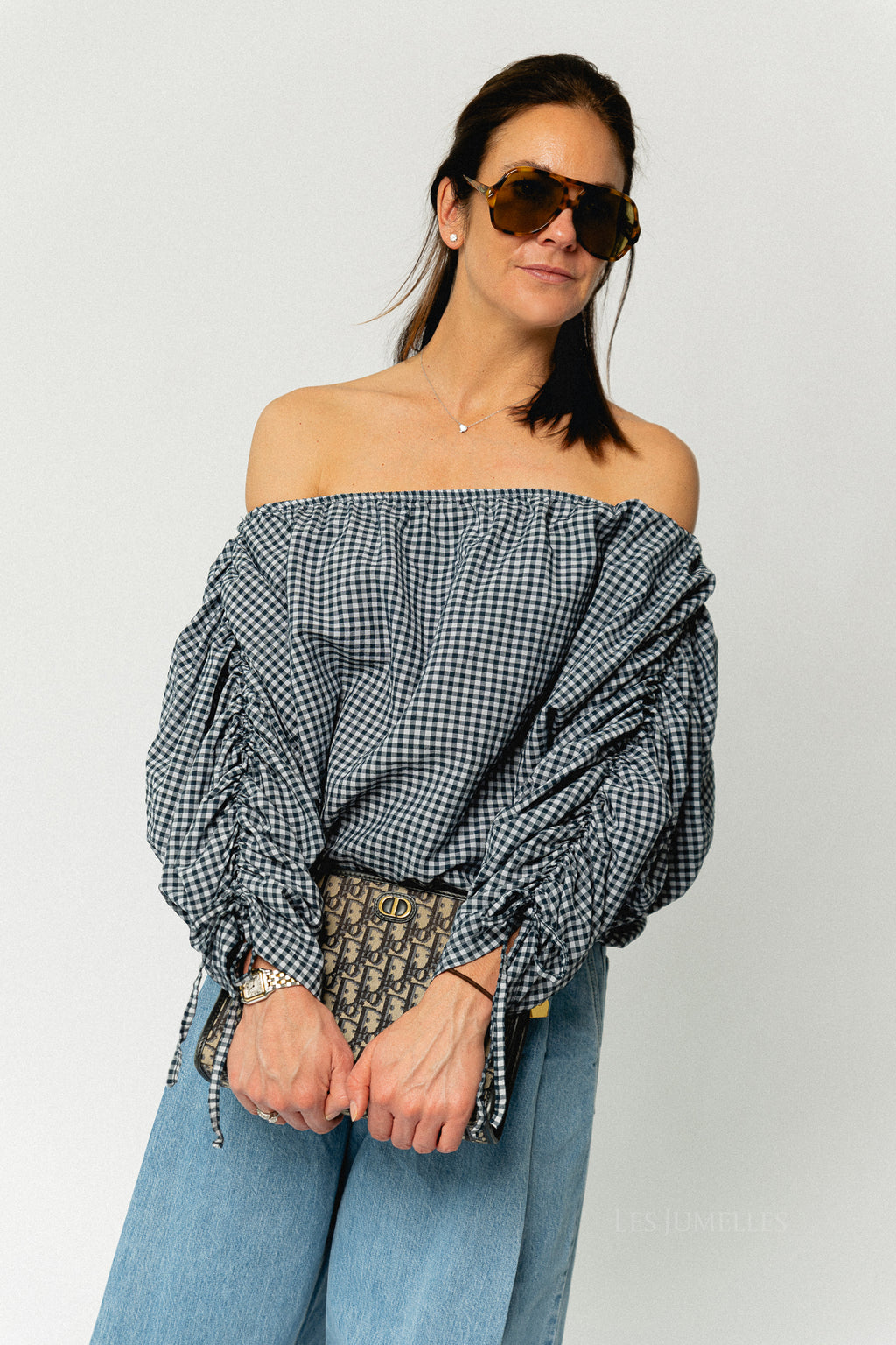 Olive checkered off shoulder blouse navy