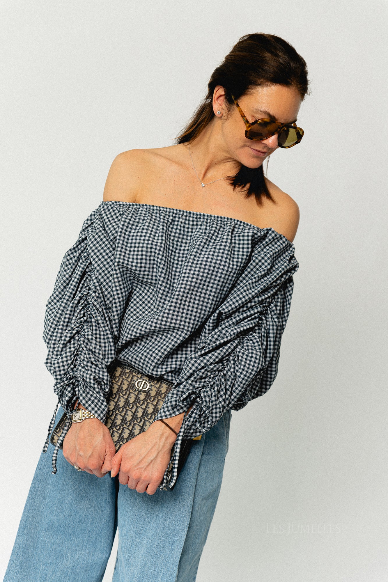 Olive checkered off shoulder blouse navy