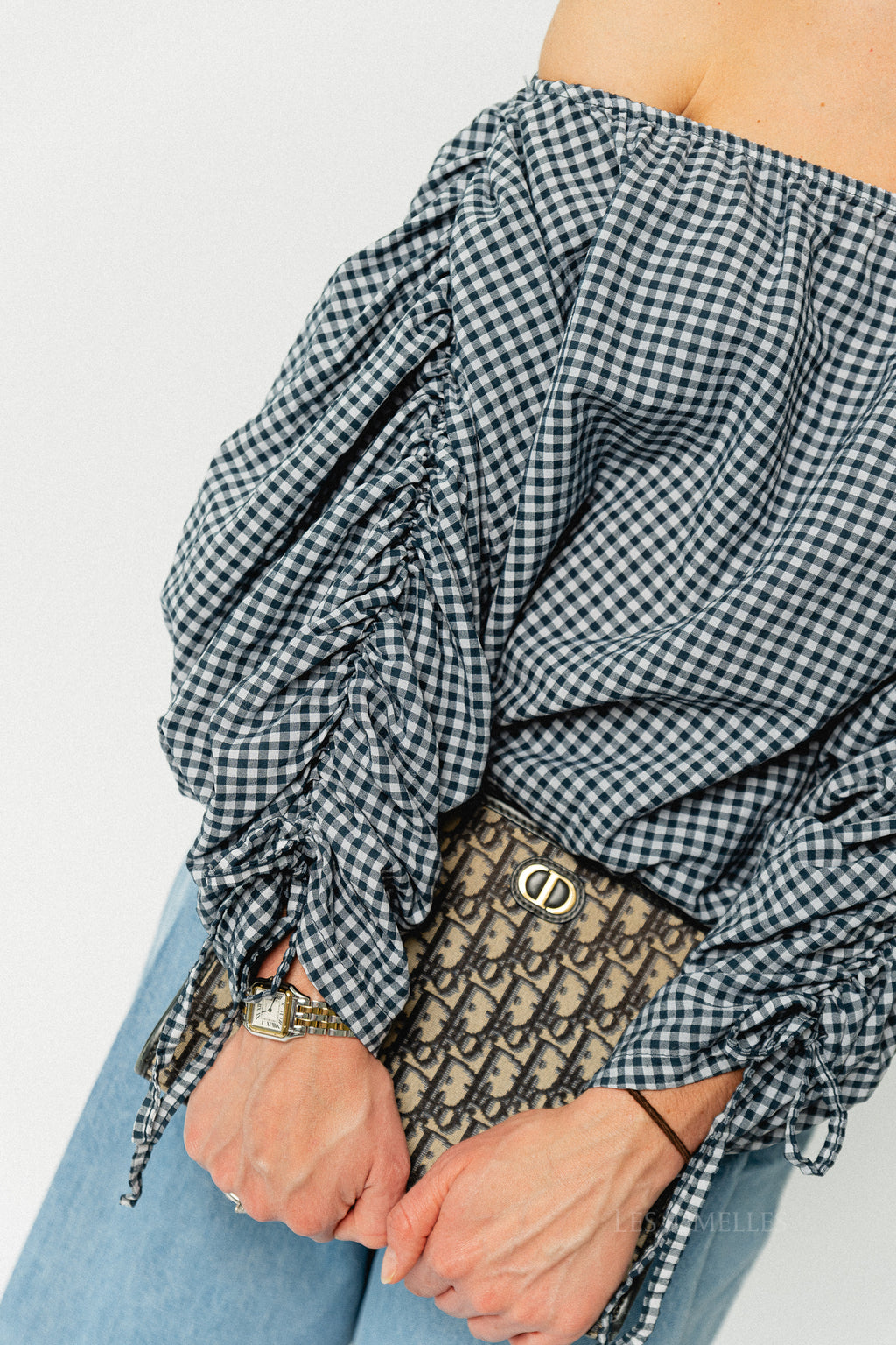 Olive checkered off shoulder blouse navy