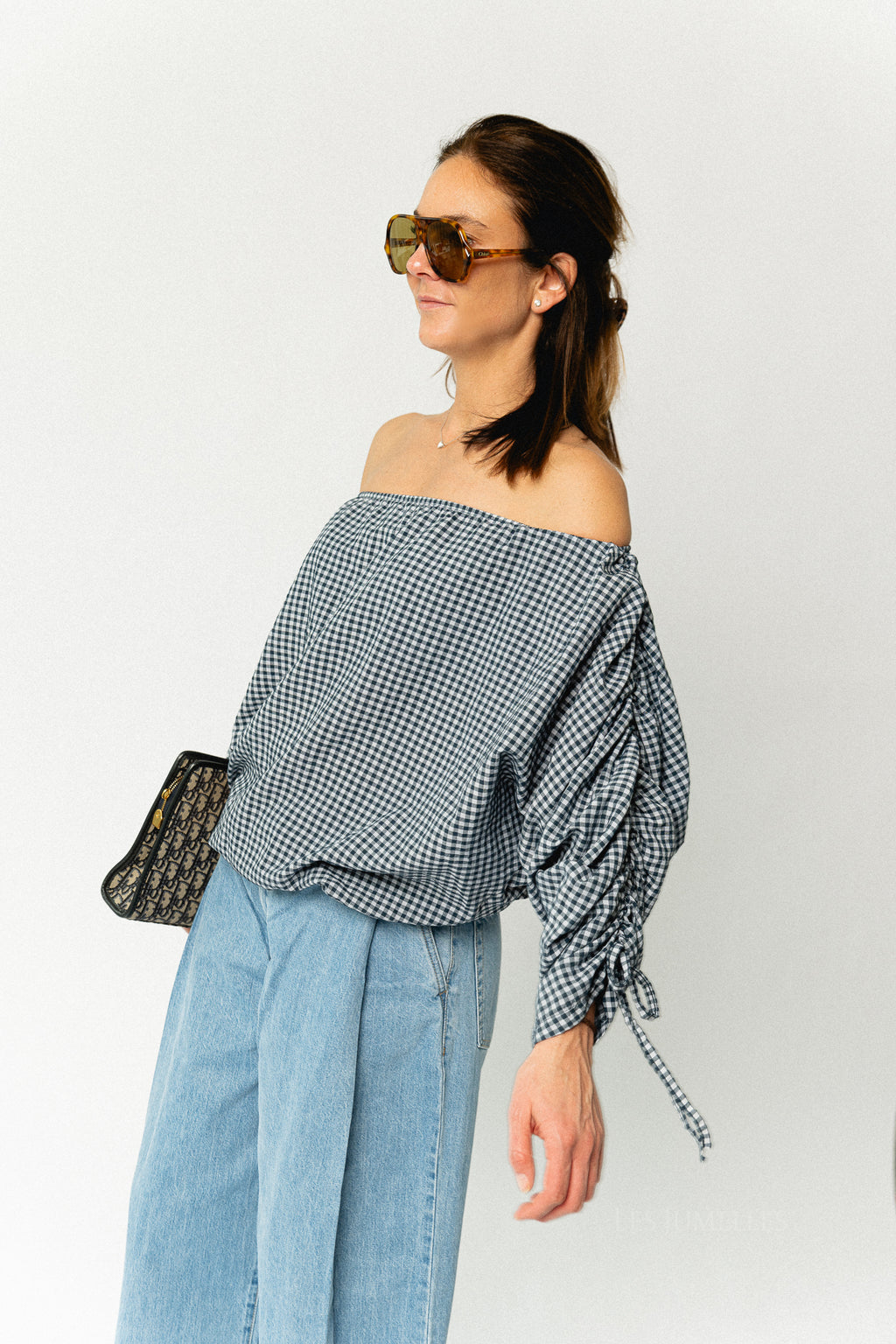 Olive checkered off shoulder blouse navy