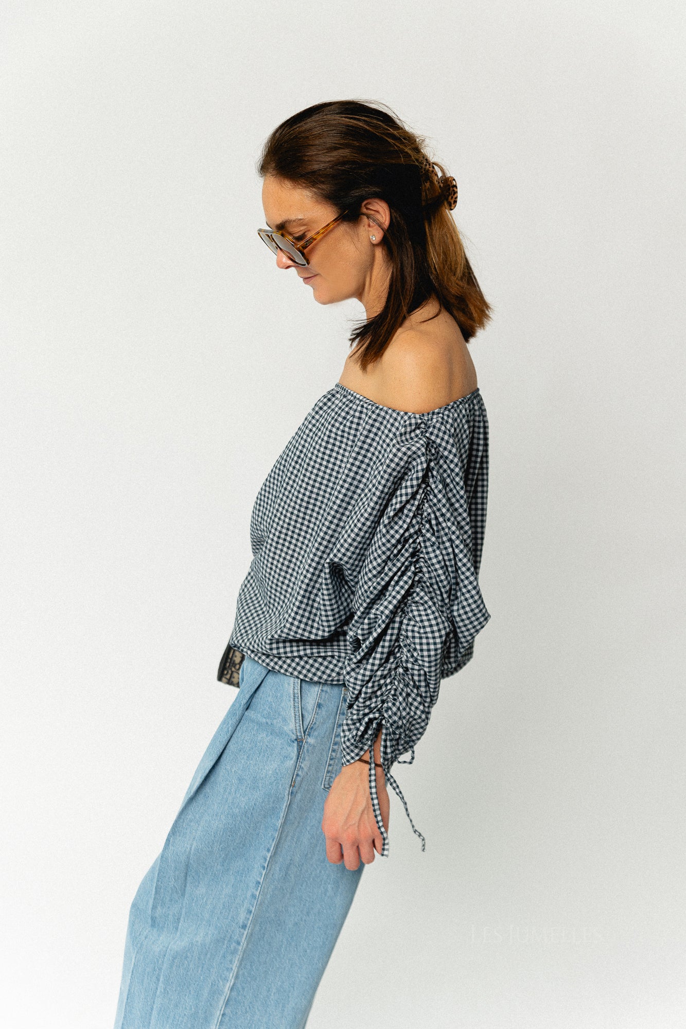 Olive checkered off shoulder blouse navy