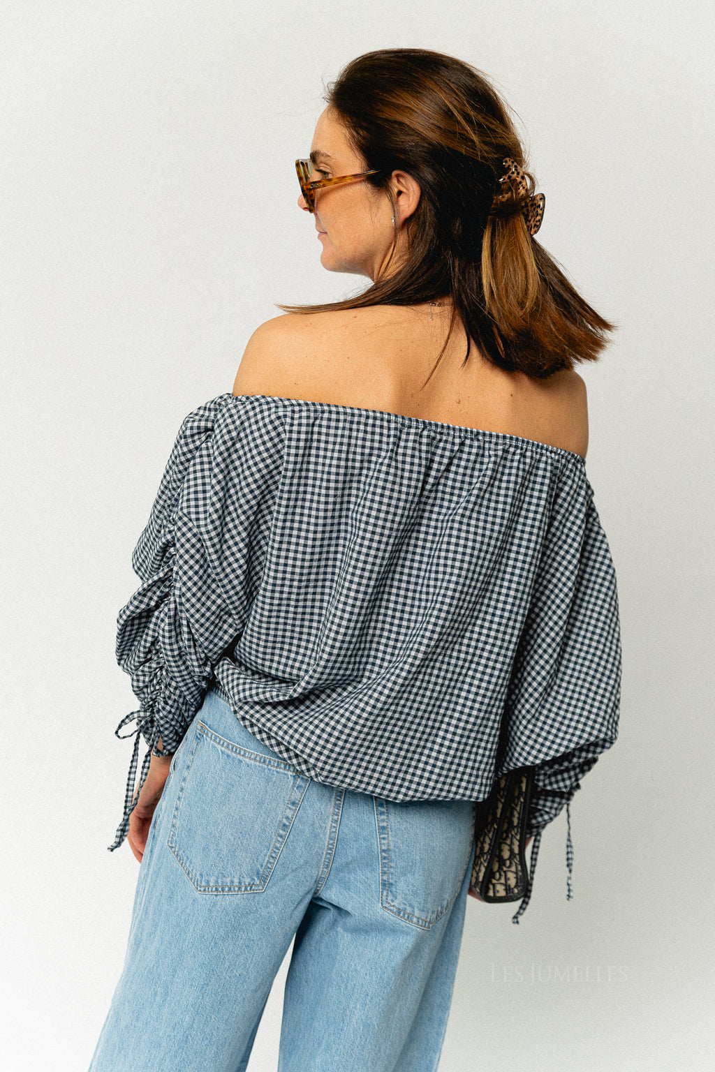 Olive checkered off shoulder blouse navy