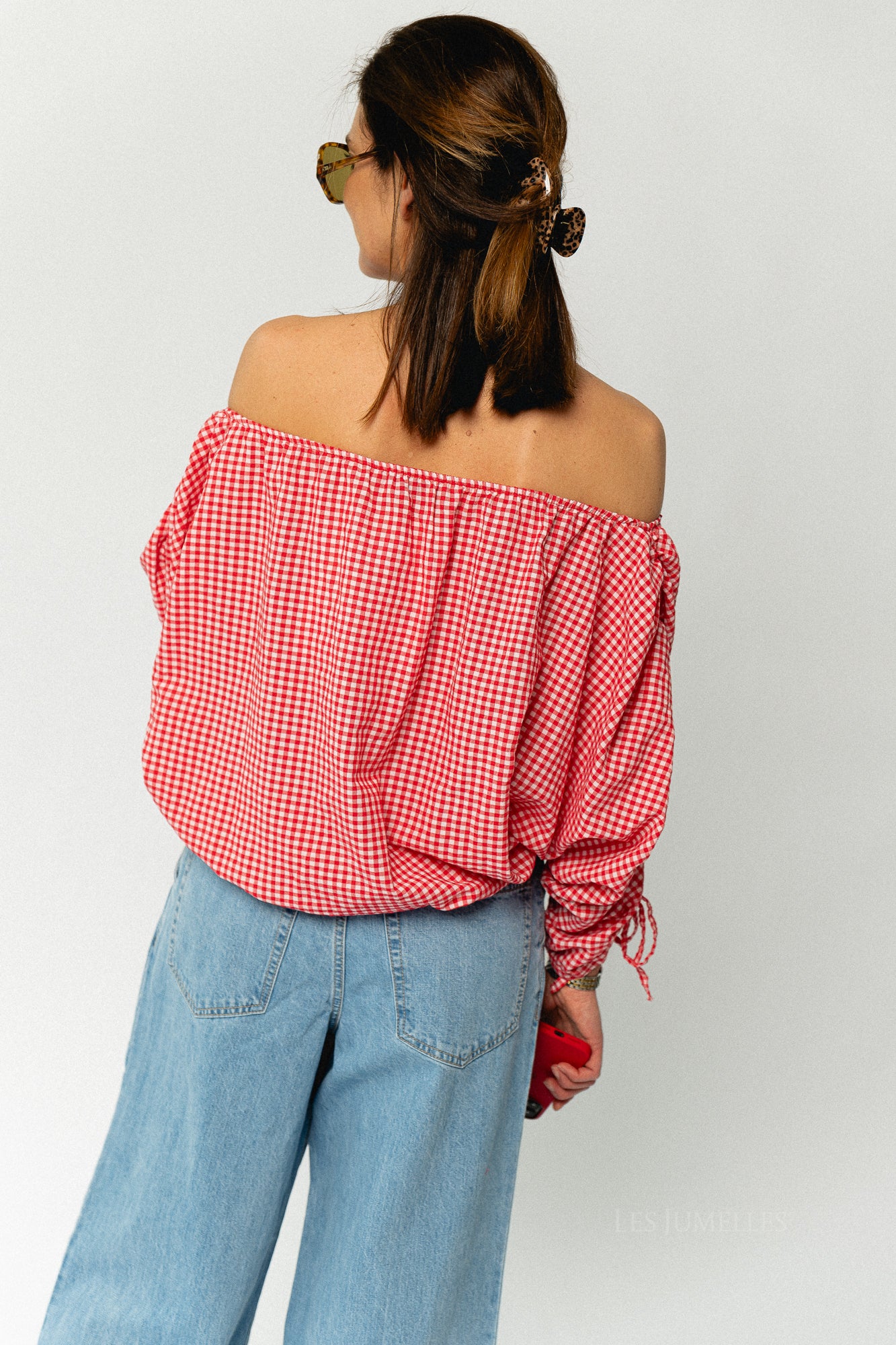 Olive checkered off shoulder blouse red