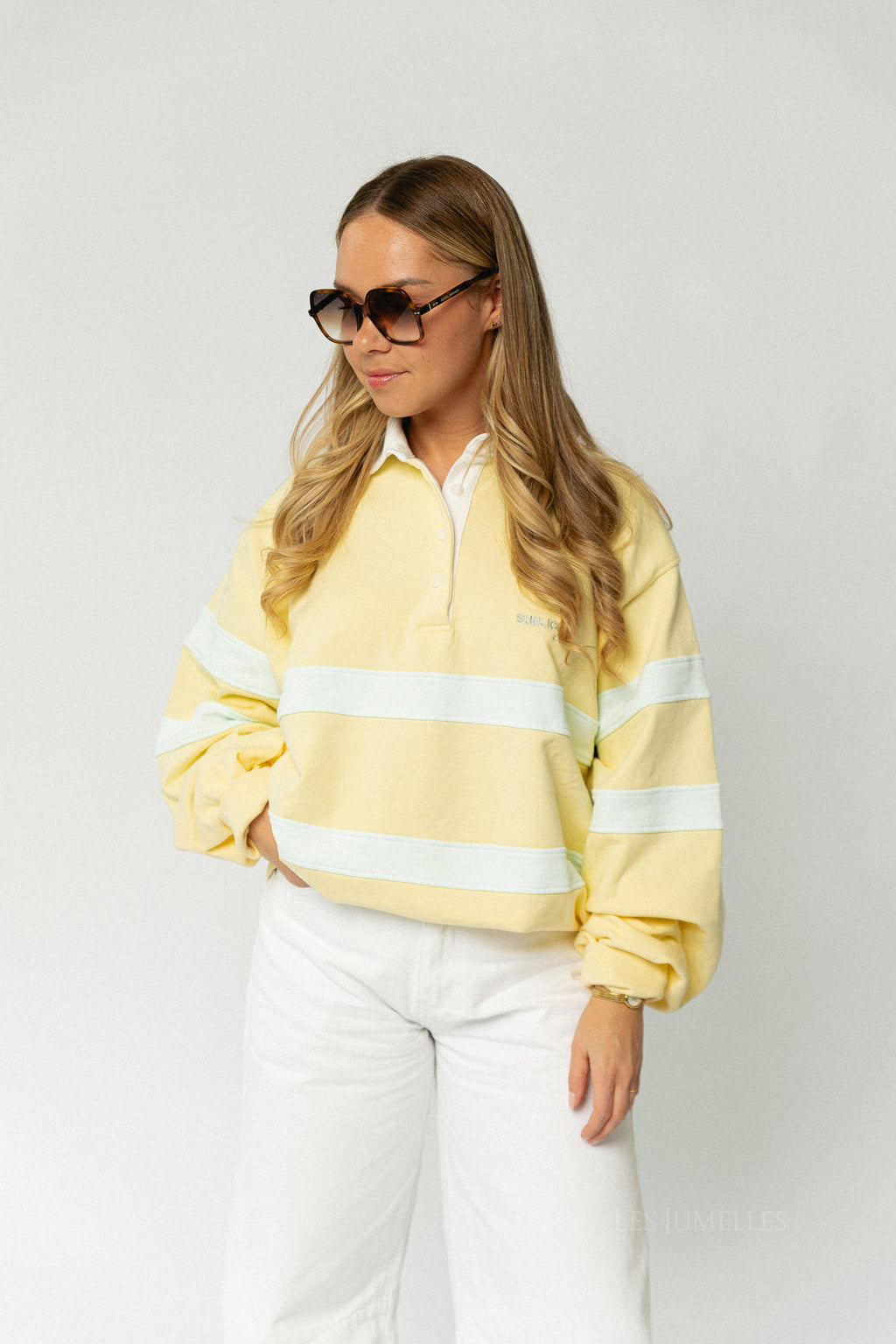 Sunlight Cotton polo-collar sweatshirt - butter yellow/mint