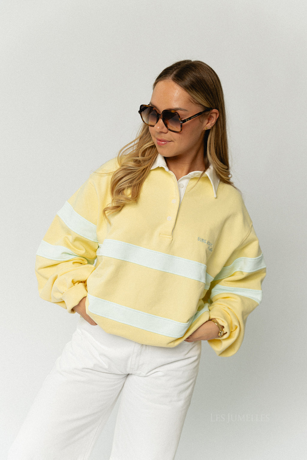 Sunlight Cotton polo-collar sweatshirt - butter yellow/mint