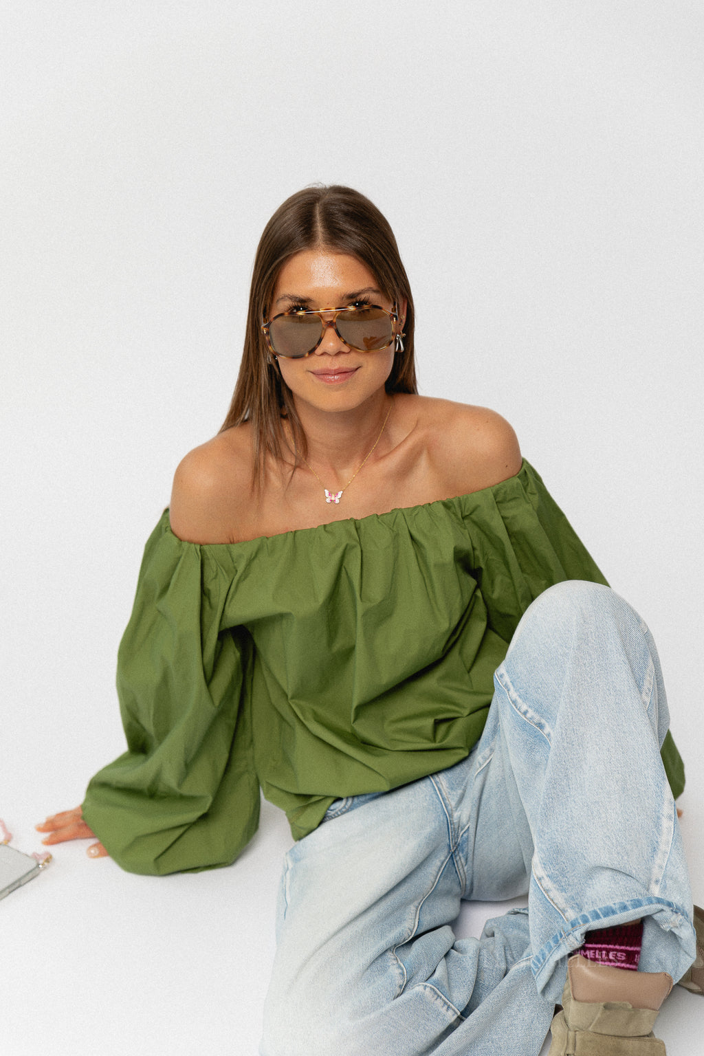 Fran off shoulder blouse kale green