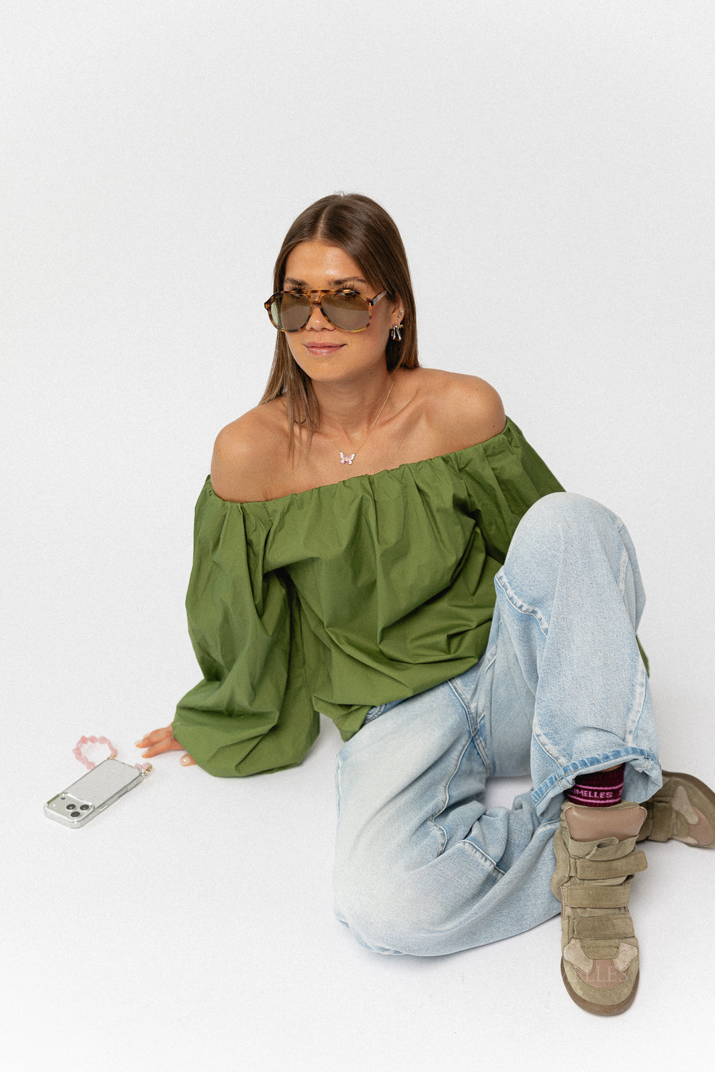 Fran off shoulder blouse kale green