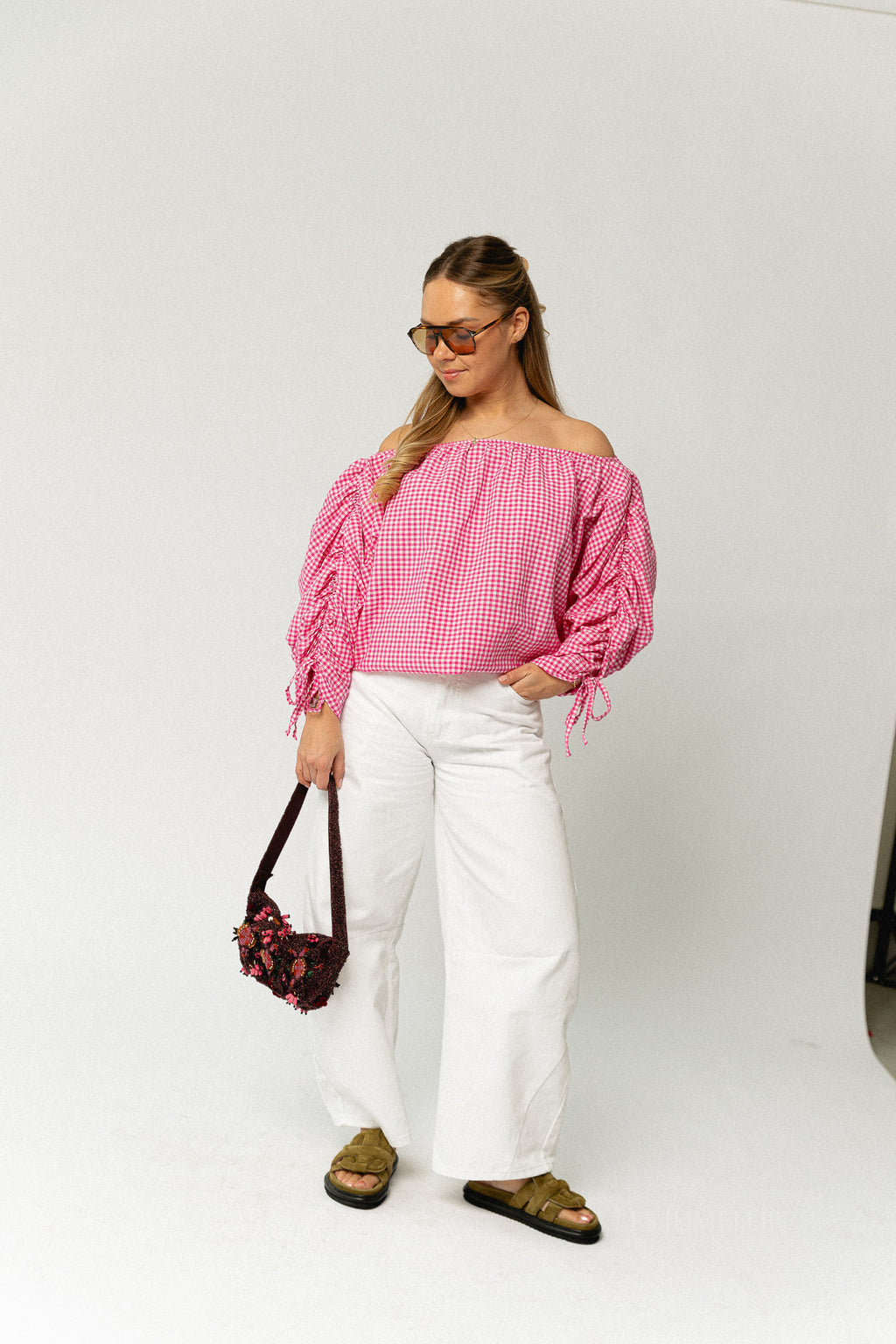 Olive checkered off shoulder blouse fuchsia