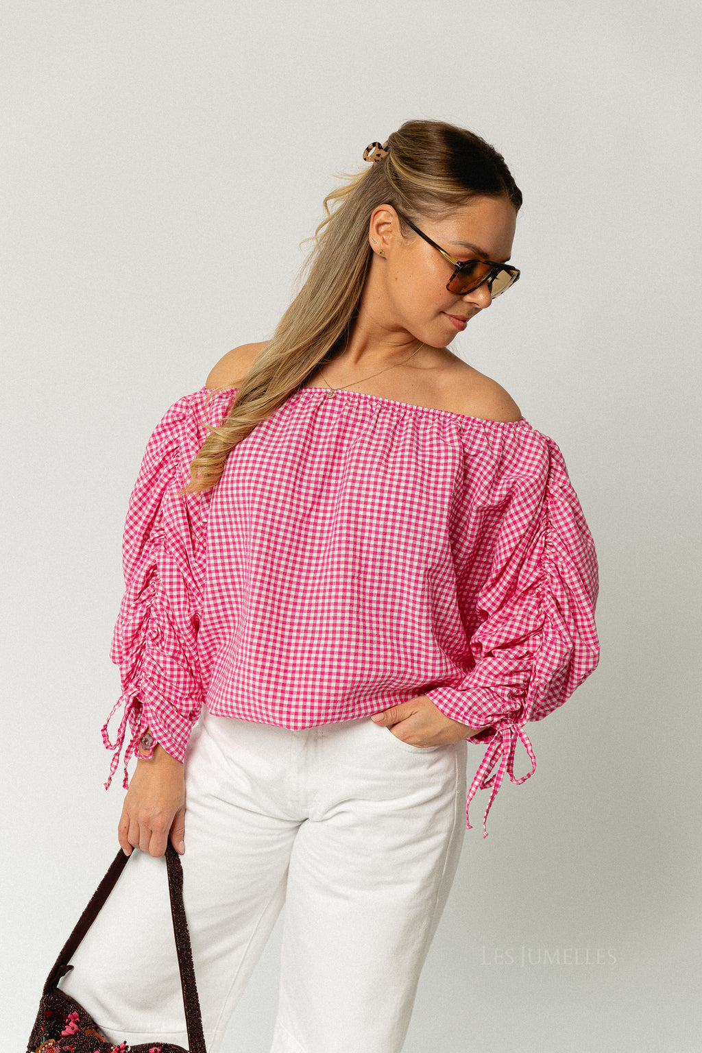 Olive checkered off shoulder blouse fuchsia
