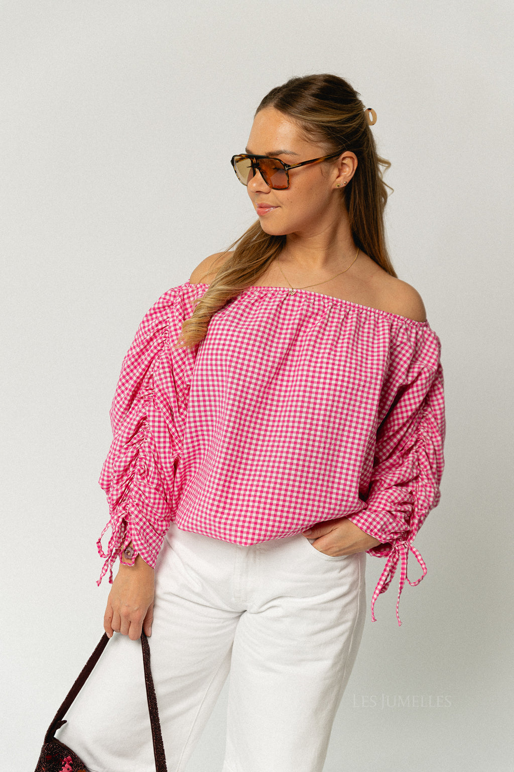 Olive checkered off shoulder blouse fuchsia