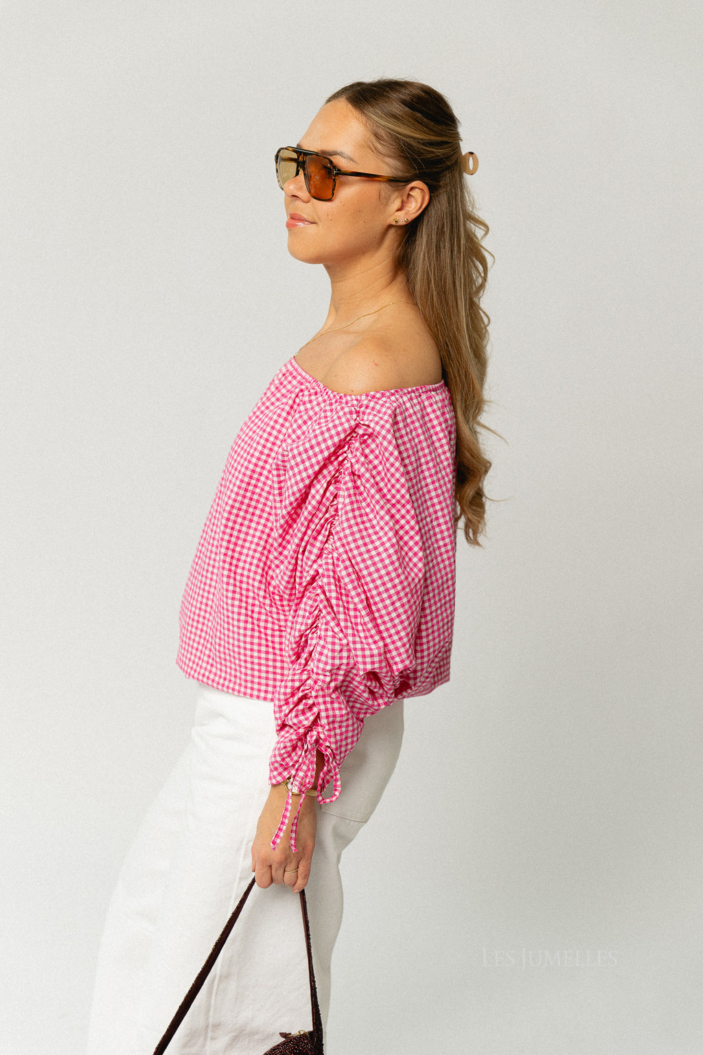 Olive checkered off shoulder blouse fuchsia