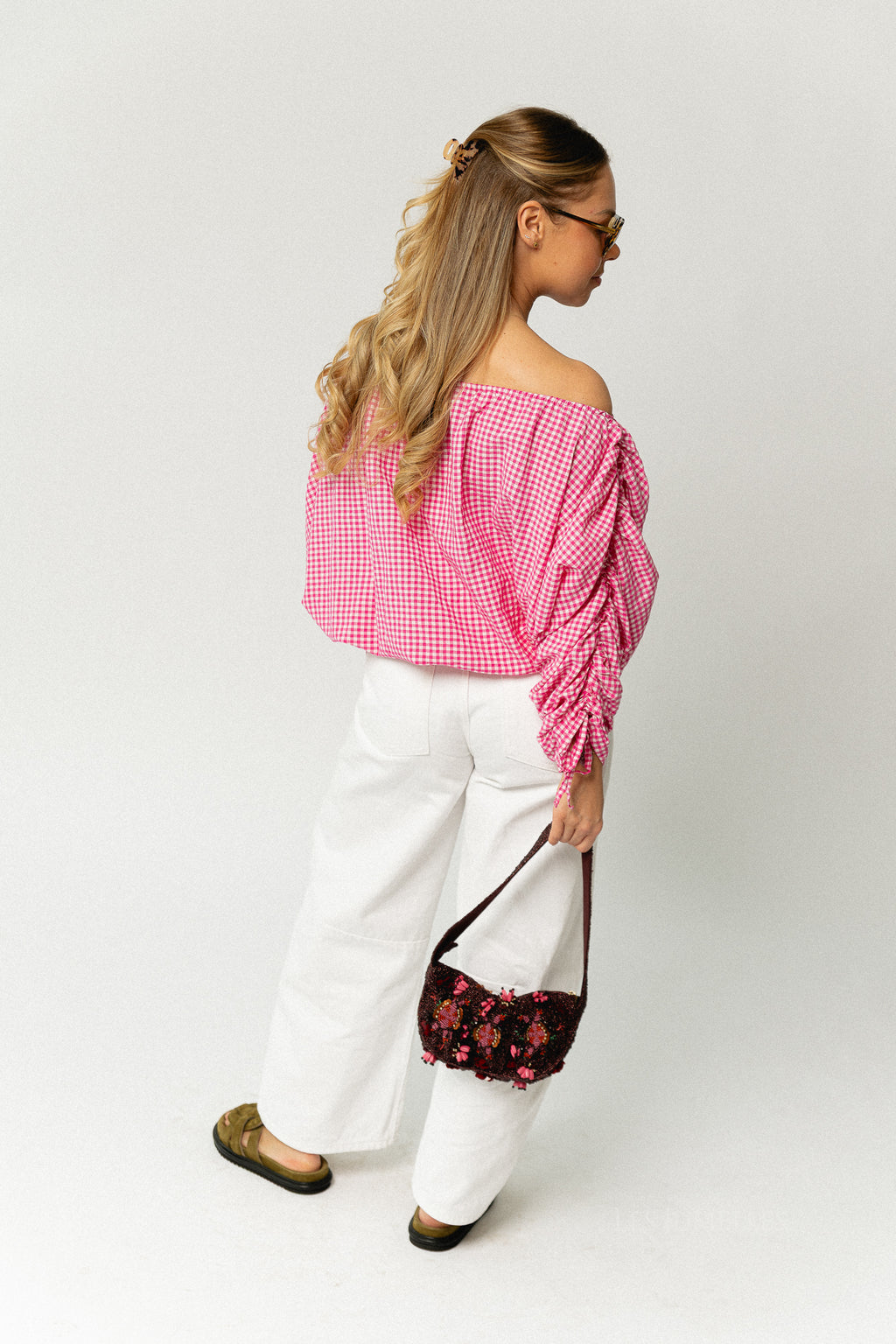 Olive checkered off shoulder blouse fuchsia