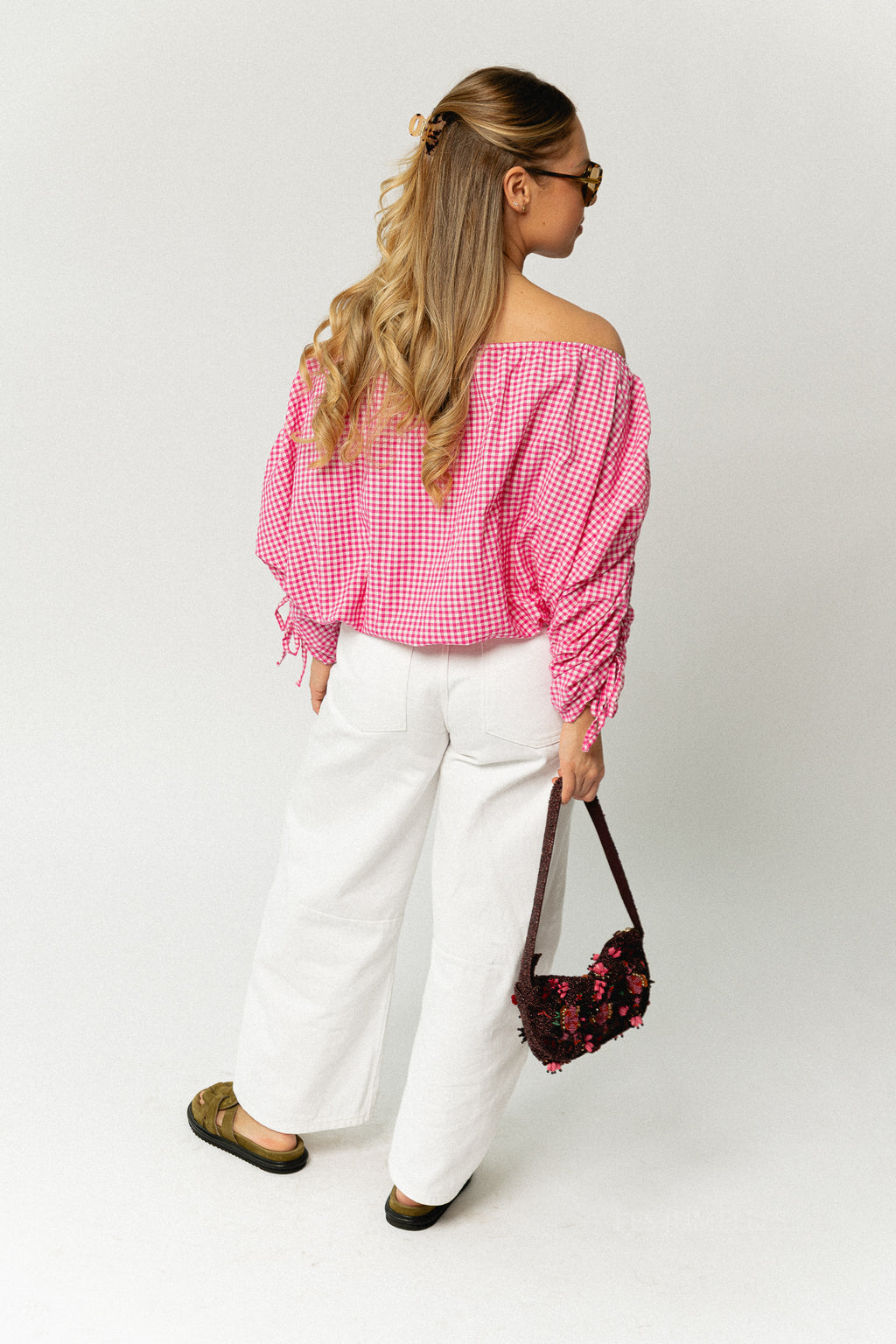 Olive checkered off shoulder blouse fuchsia