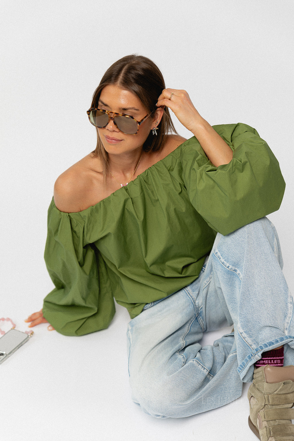 Fran off shoulder blouse kale green