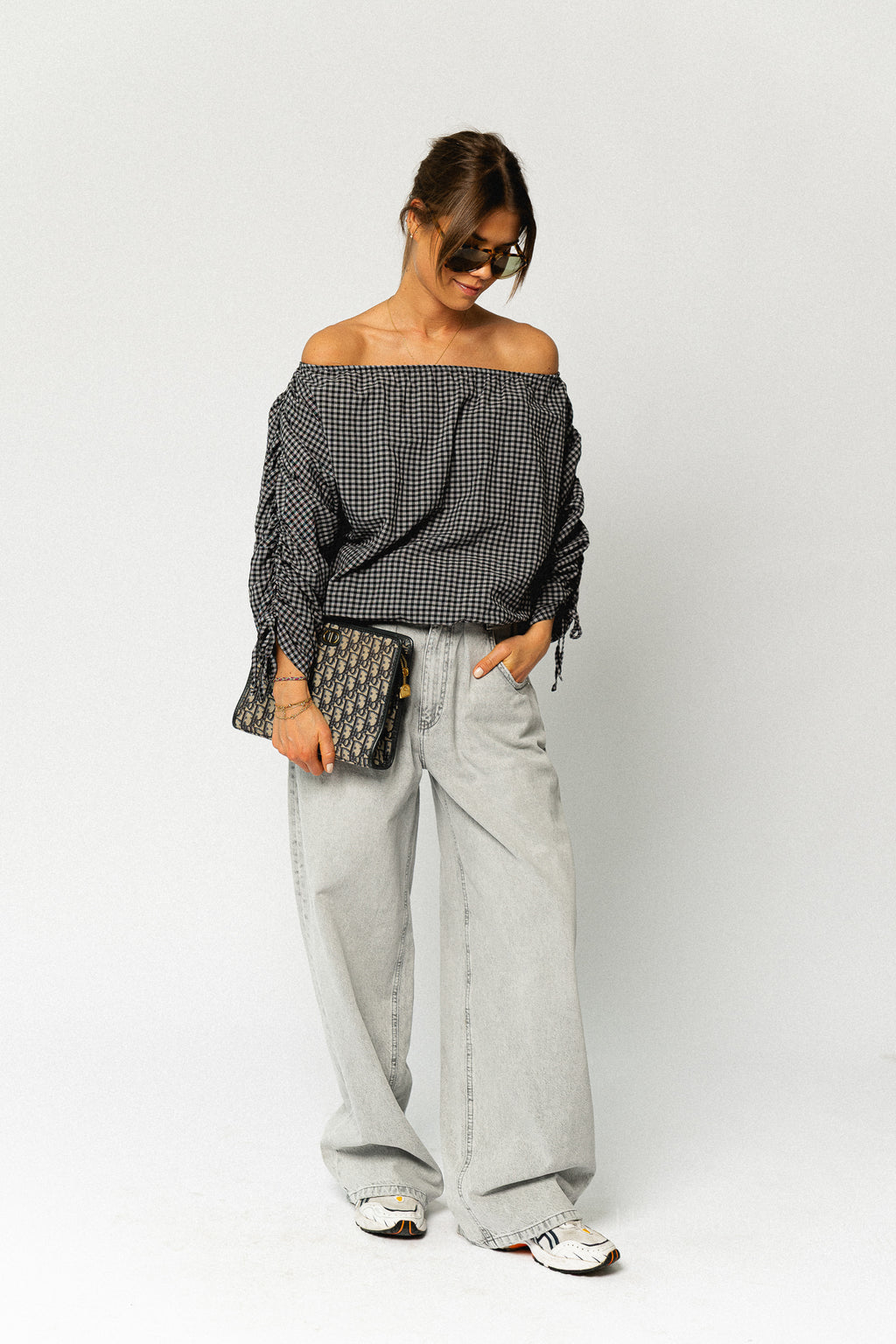 Olive checkered off shoulder blouse black