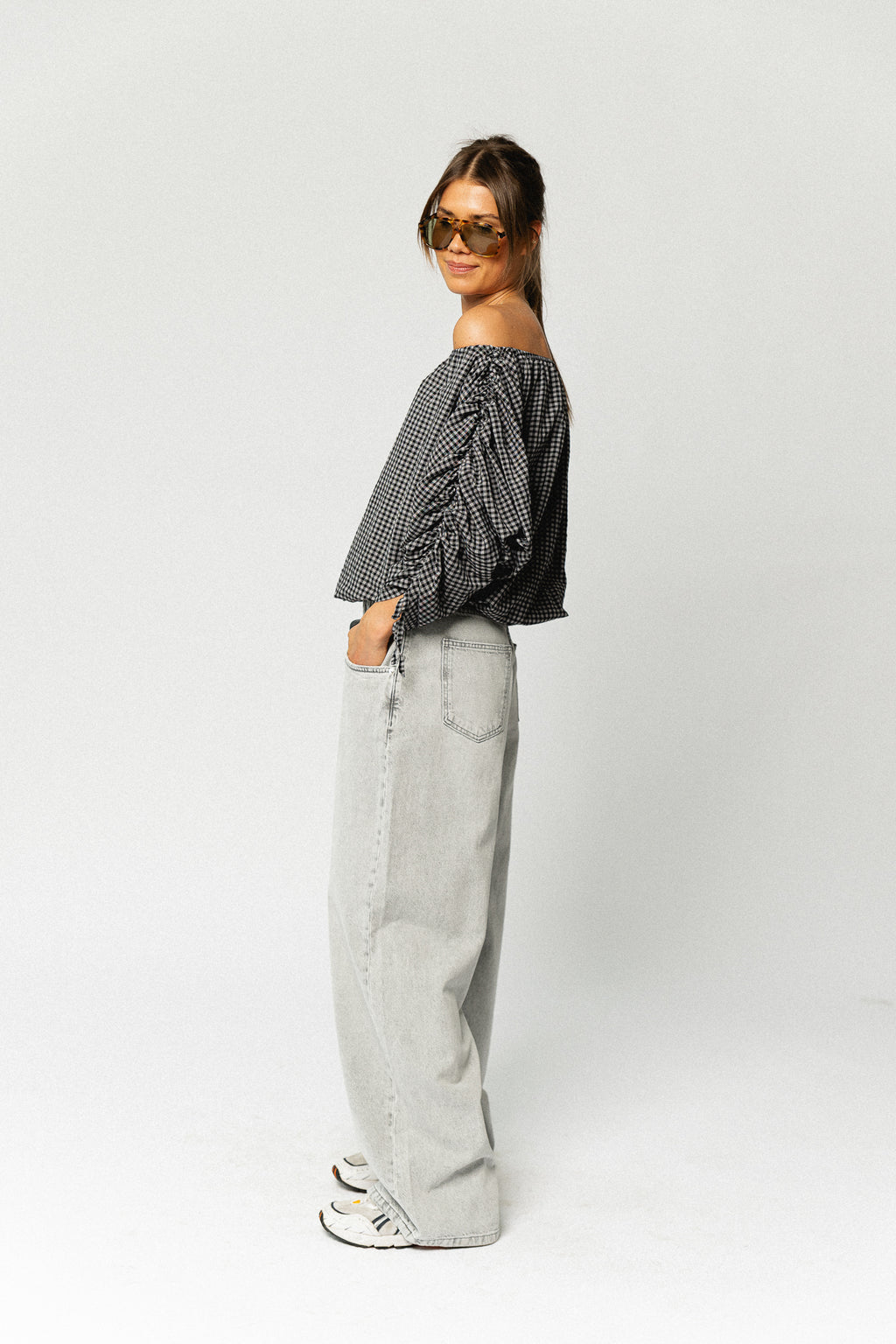 Olive checkered off shoulder blouse black