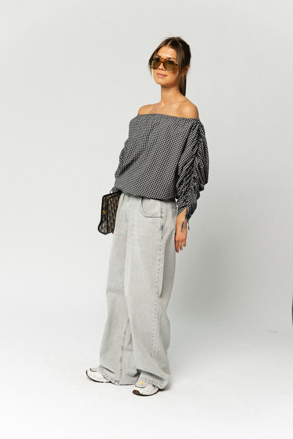 Olive checkered off shoulder blouse black