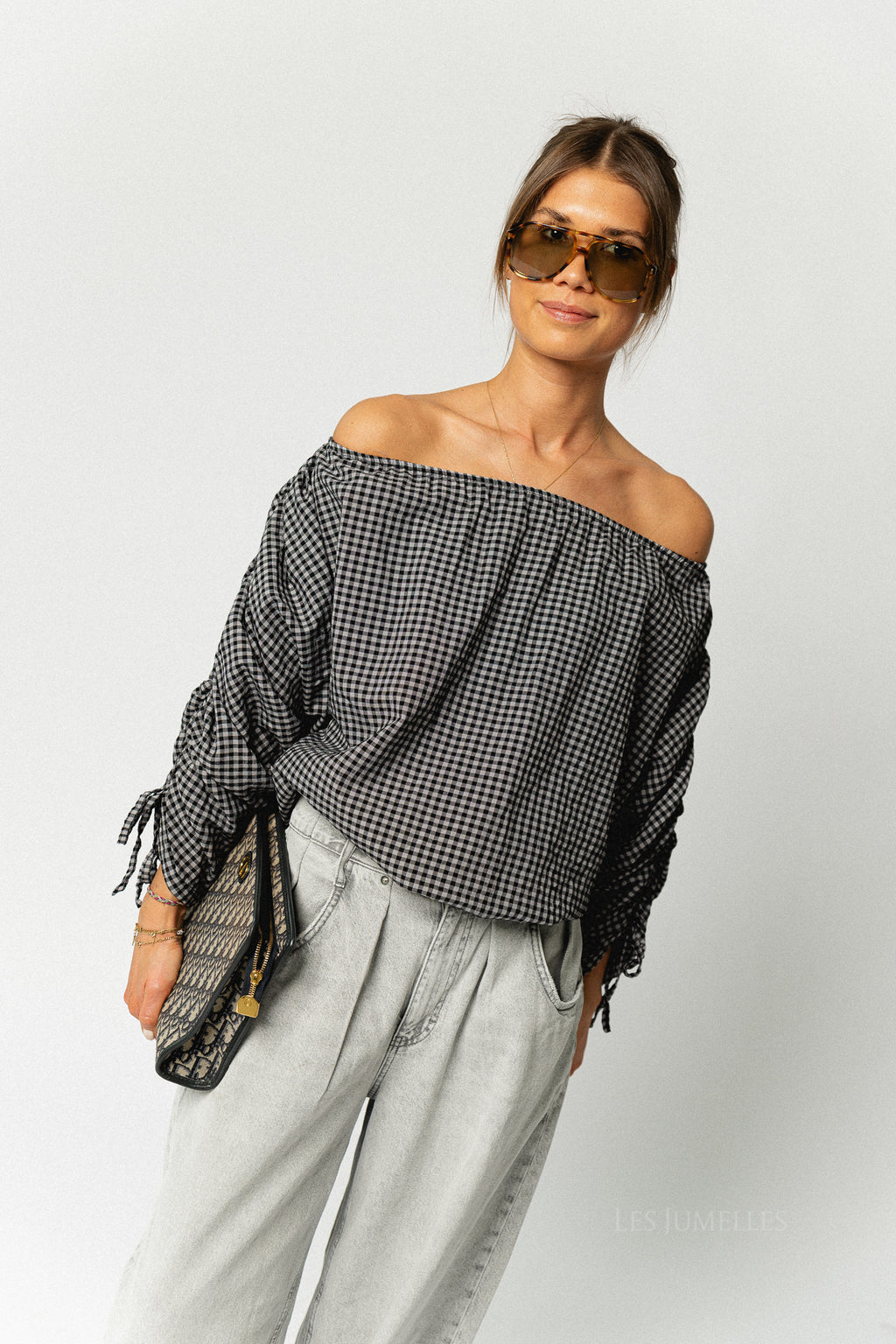 Olive checkered off shoulder blouse black