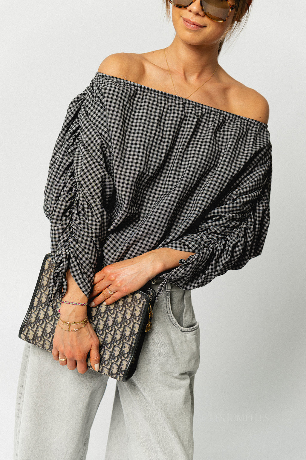Olive checkered off shoulder blouse black