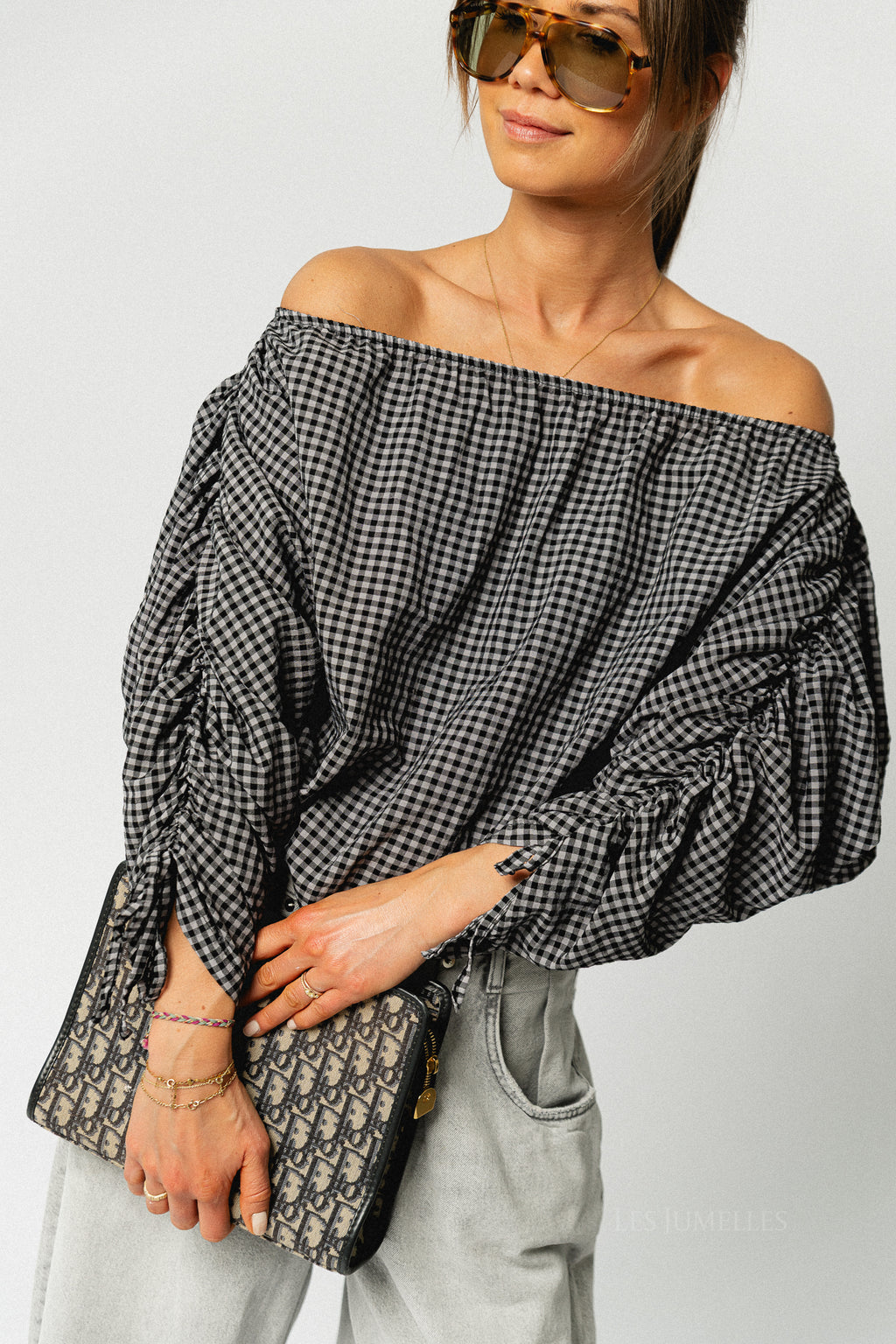 Olive checkered off shoulder blouse black