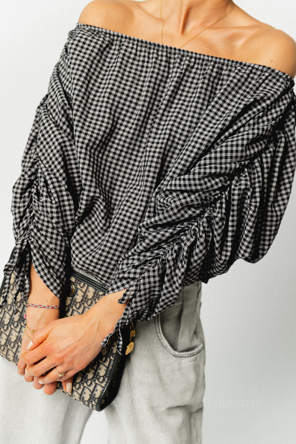 Olive checkered off shoulder blouse black