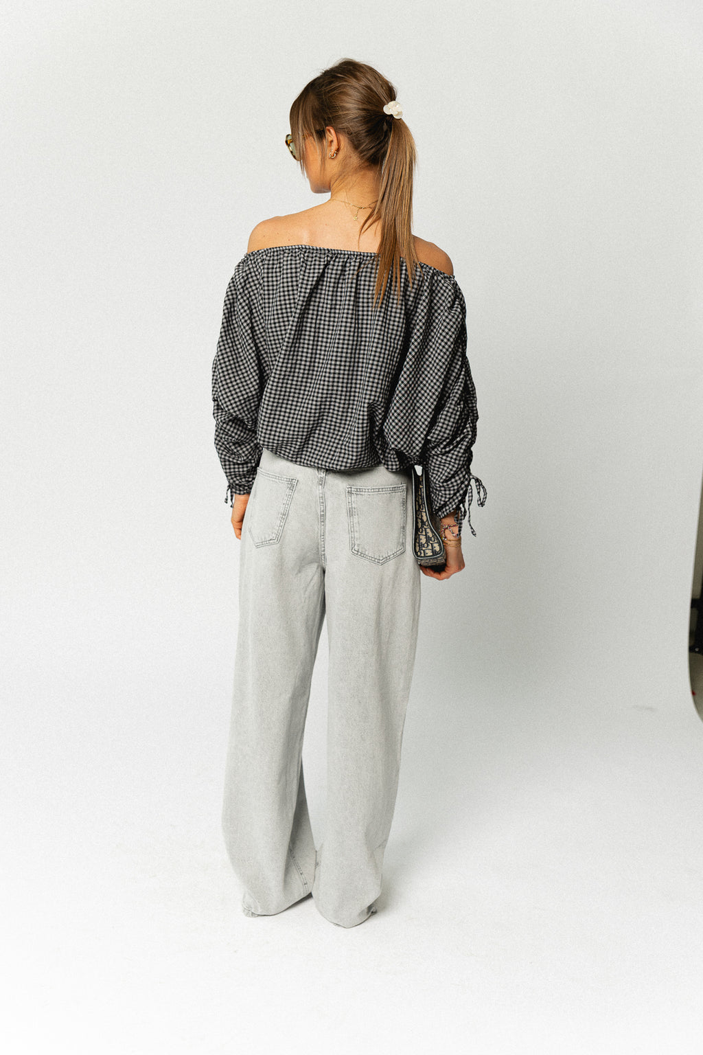 Olive checkered off shoulder blouse black