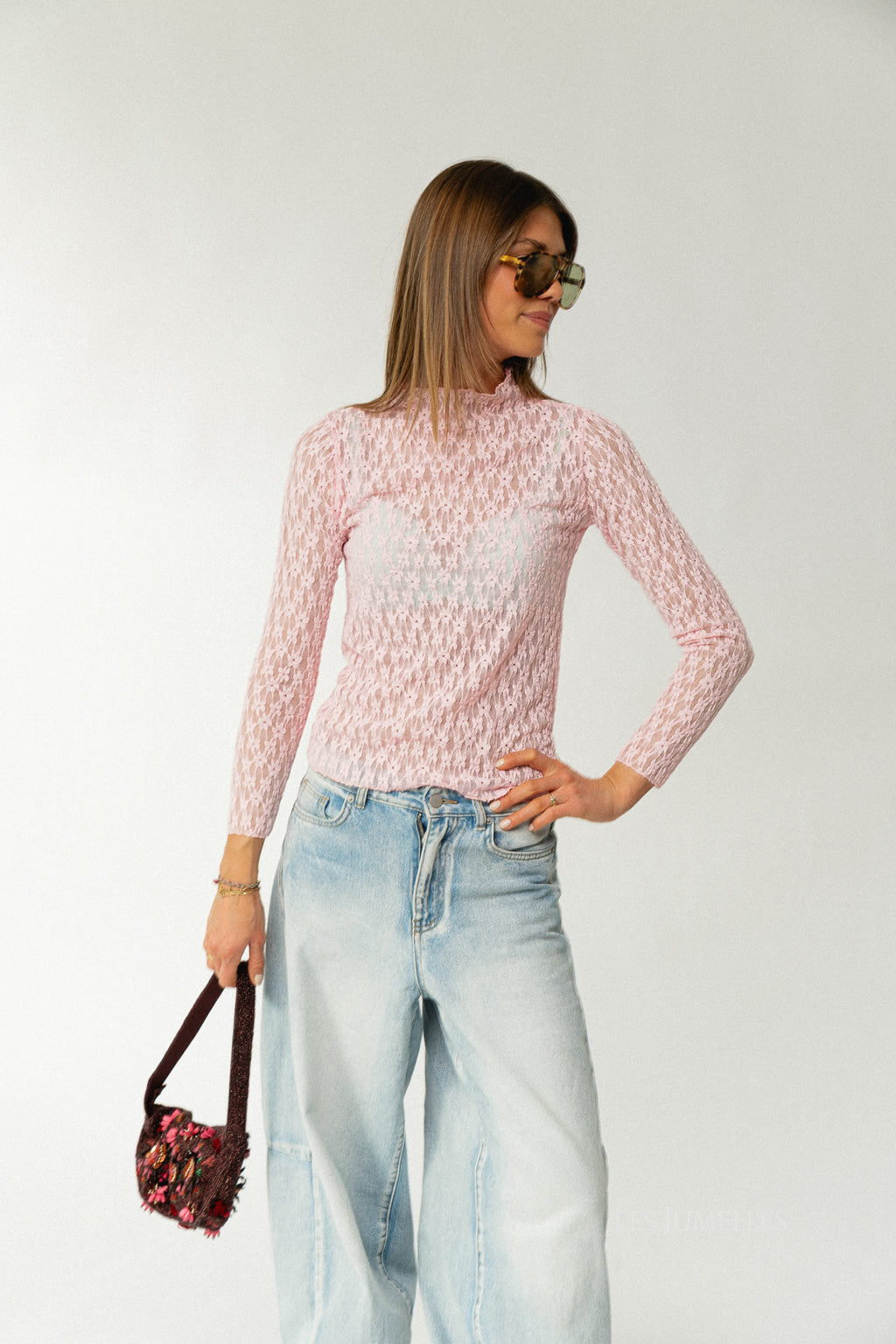 Vivienne LS lace top pink