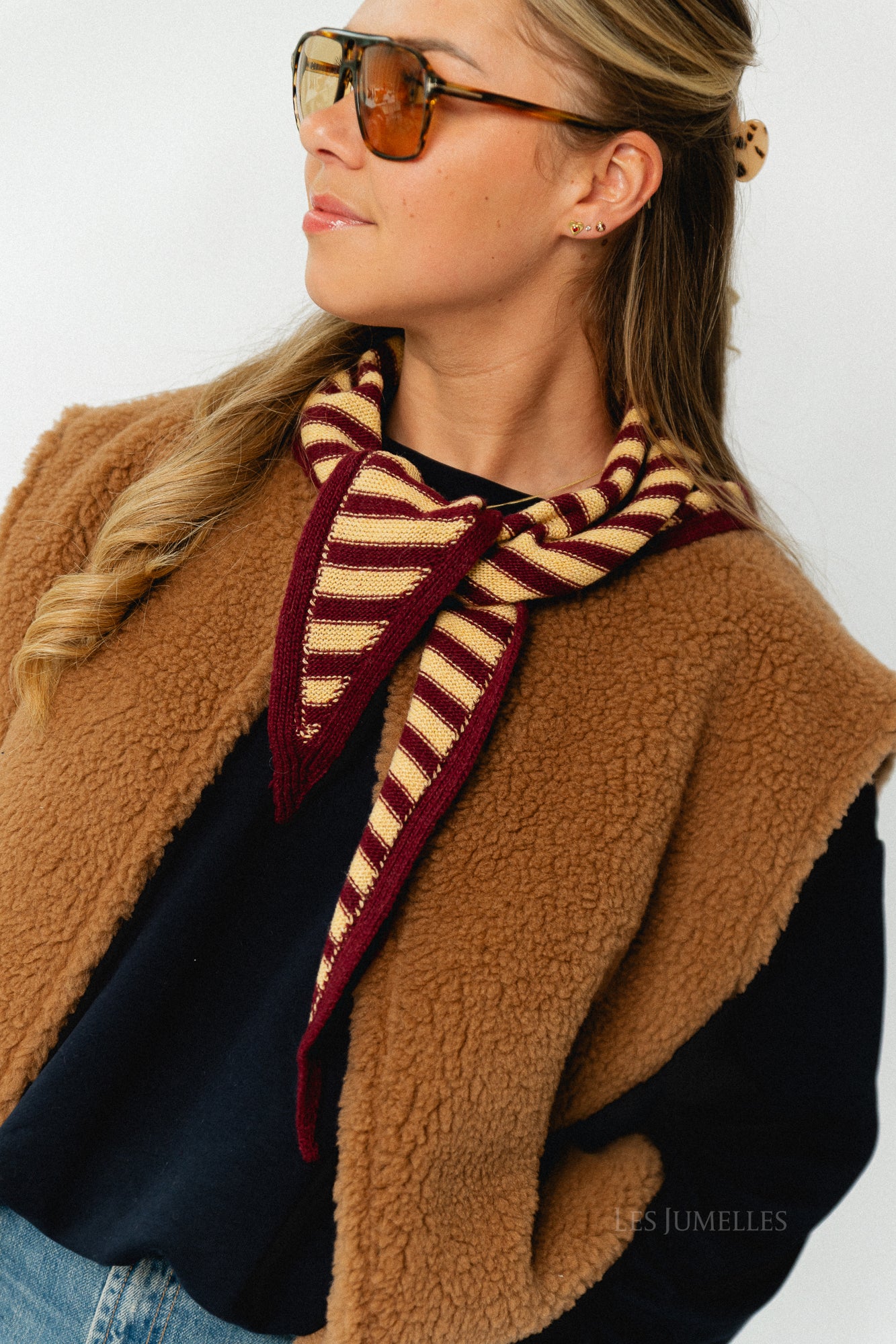 Susie striped triangle scarf - burgundy/light yellow