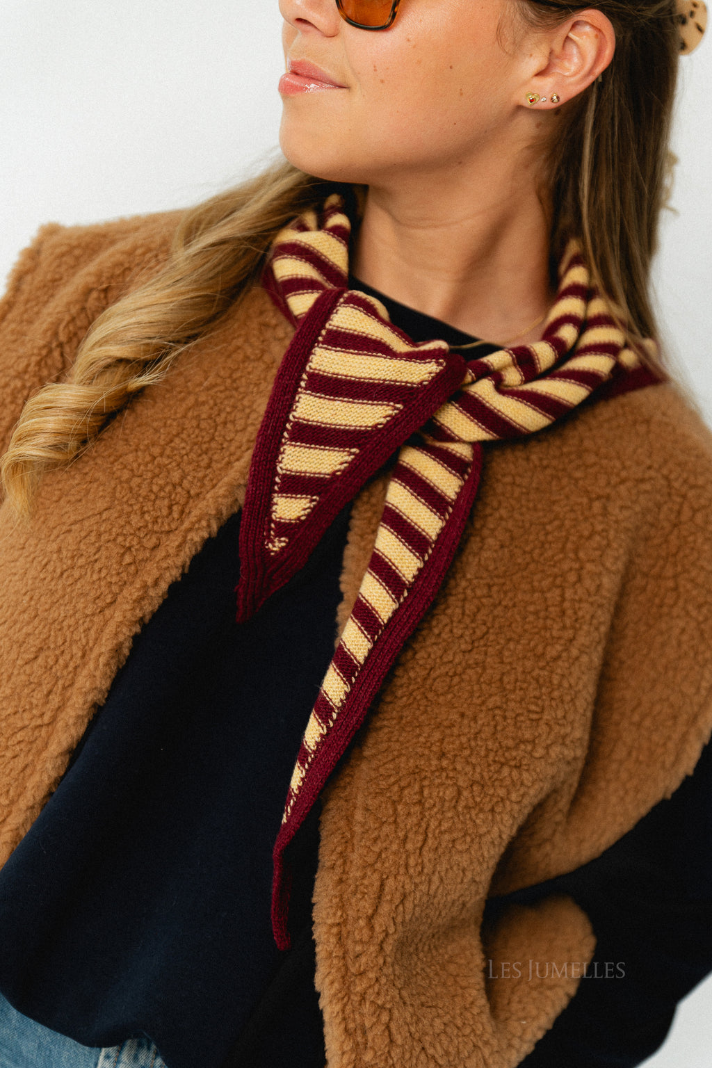 Susie striped triangle scarf - burgundy/light yellow