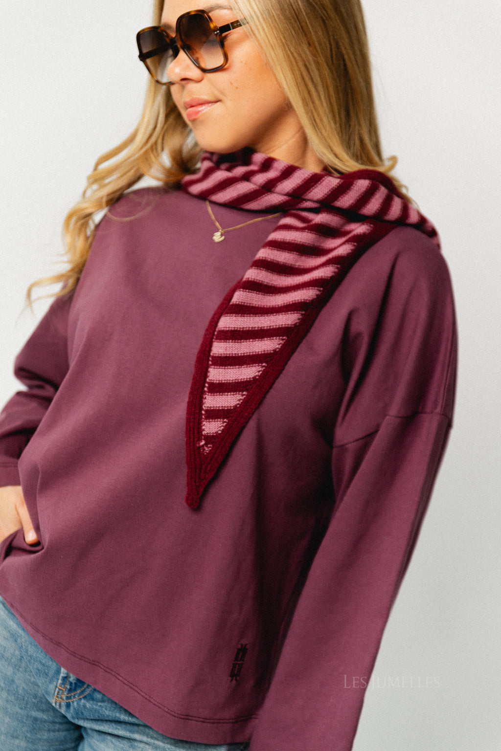 Susie striped triangle scarf - burgundy/raspberry