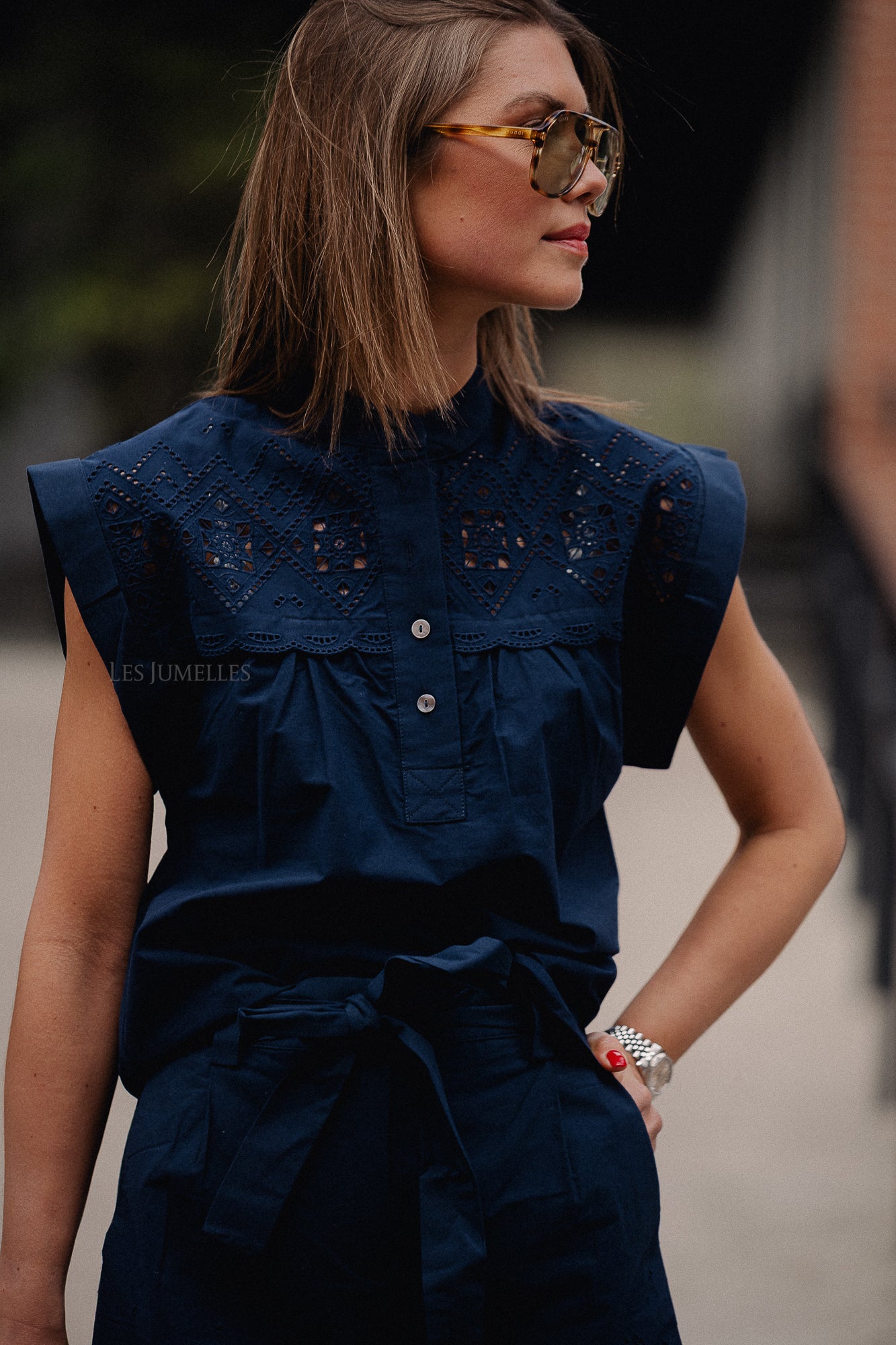 Ludy embroidered blouse with buttons midnight blue