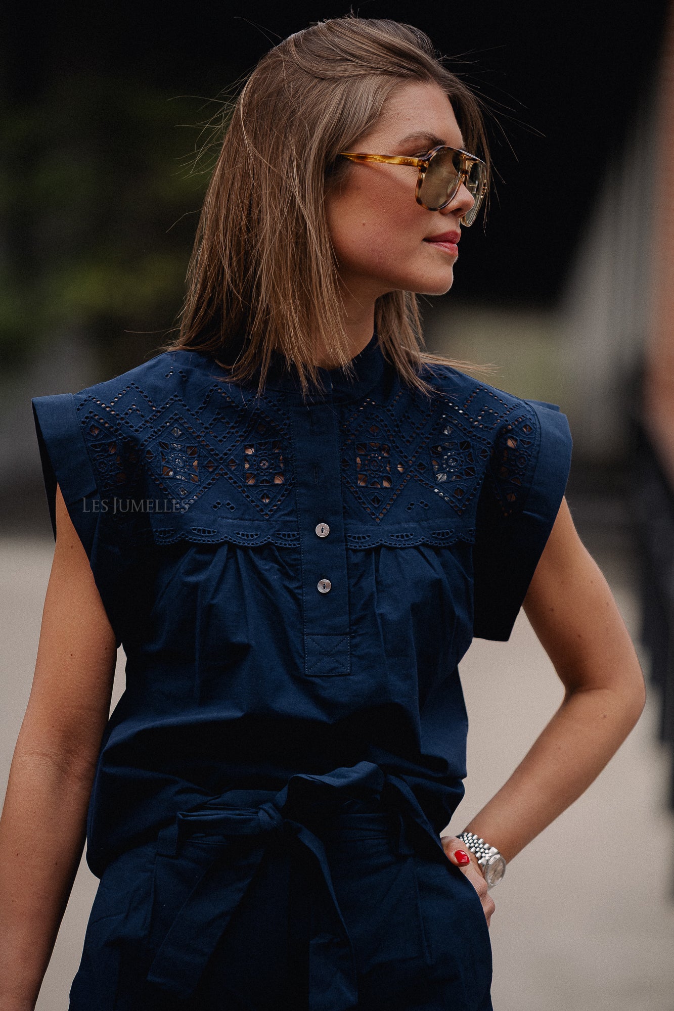 Ludy embroidered blouse with buttons midnight blue