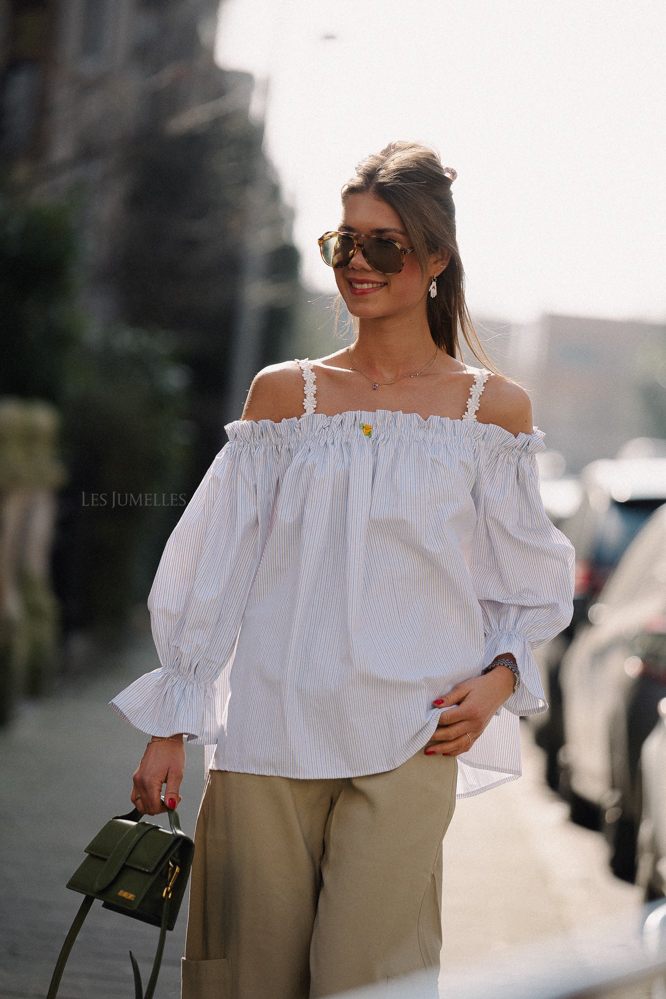 Isabeau off shoulder blouse blue/taupe