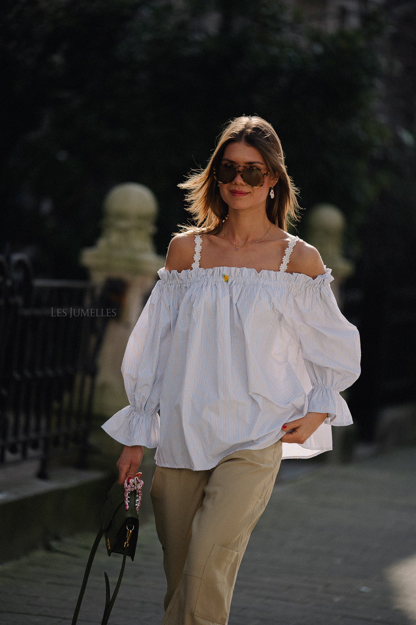 Isabeau off shoulder blouse blue/taupe