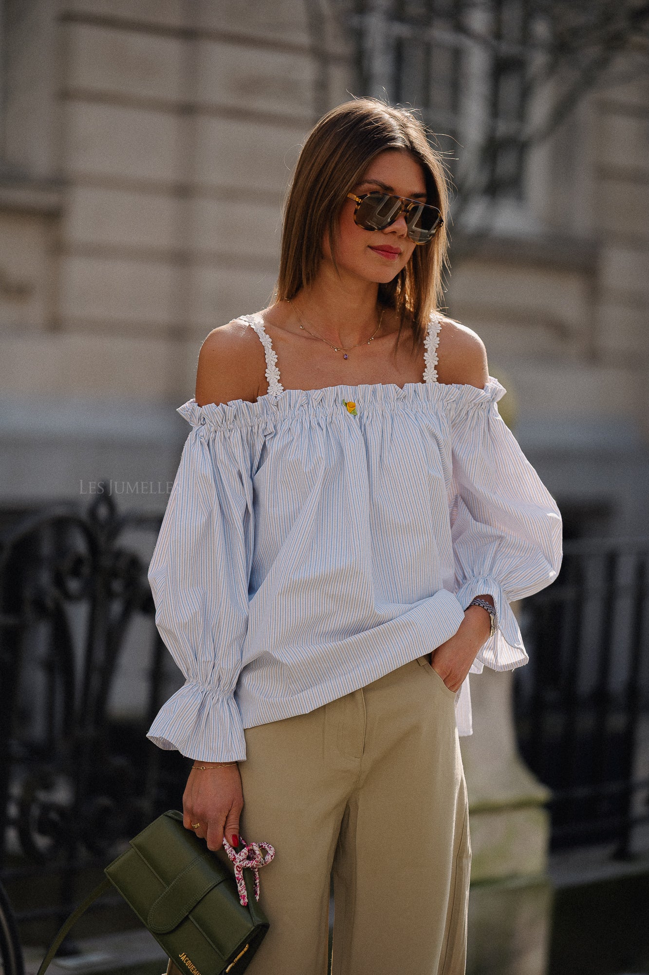 Isabeau off shoulder blouse blue/taupe