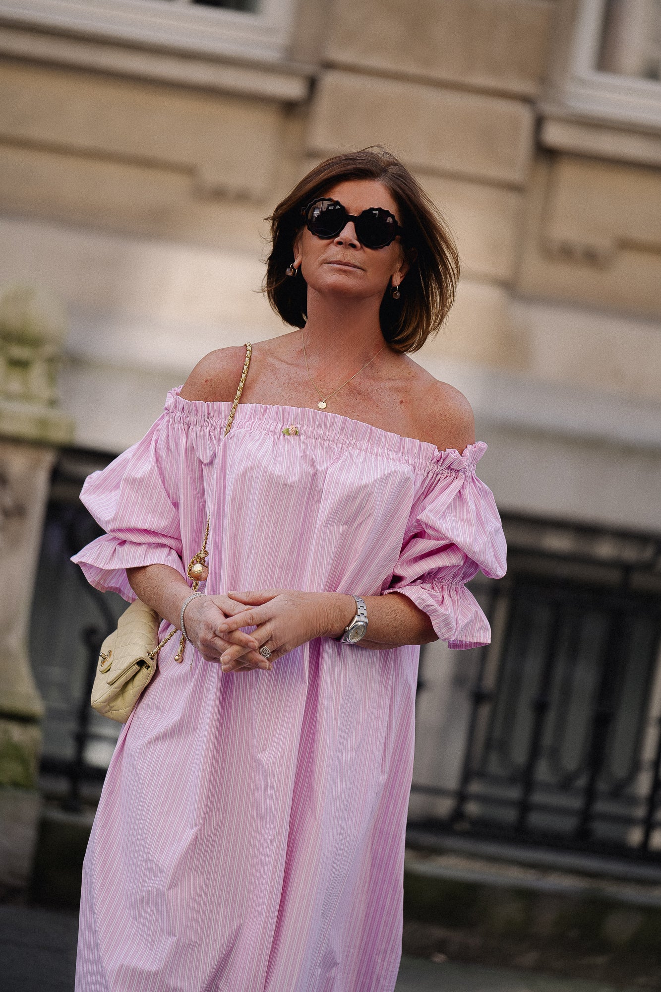 Isabeau off shoulder maxi dress pink/white