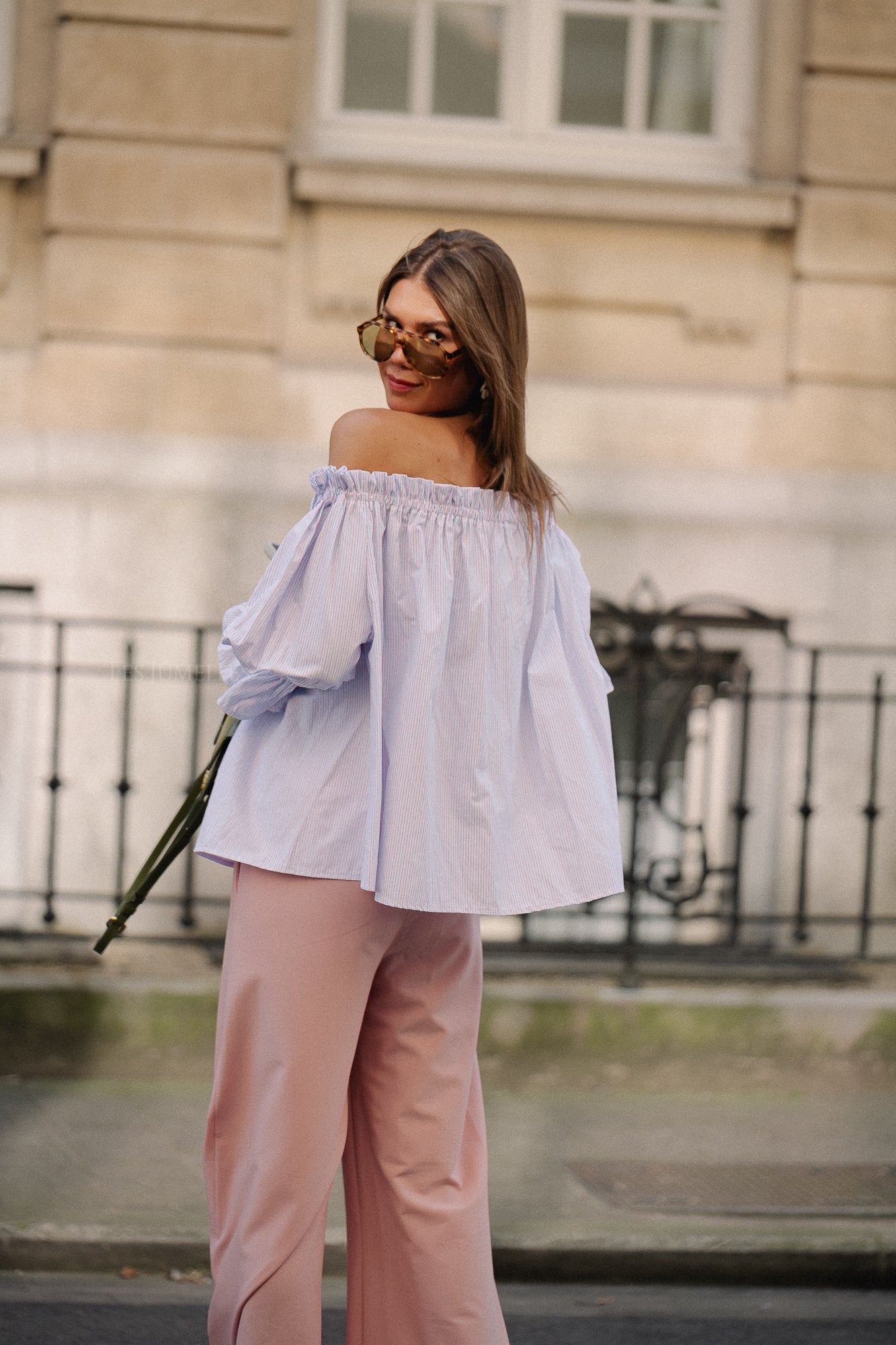 Isabeau off shoulder blouse pink/blue