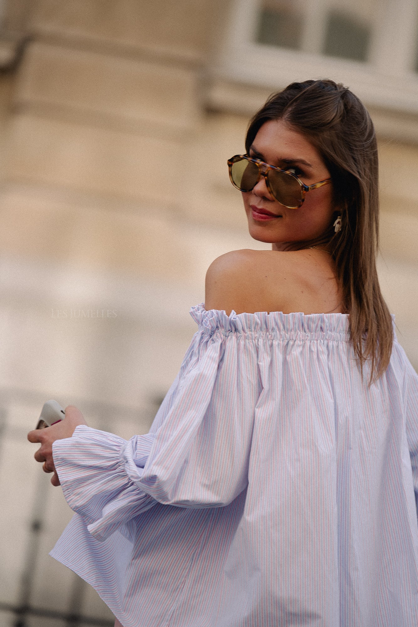 Isabeau off shoulder blouse pink/blue