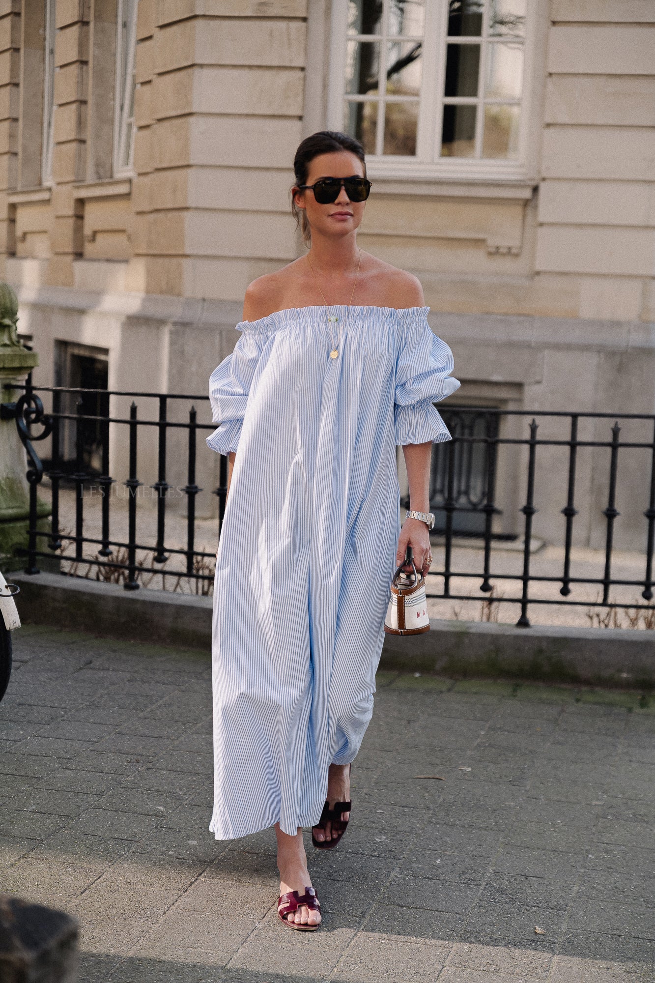 Isabeau off shoulder maxi dress blue/white