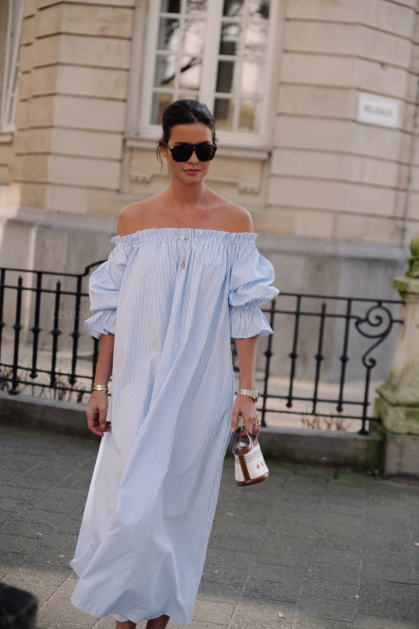 Isabeau off shoulder maxi dress blue/white