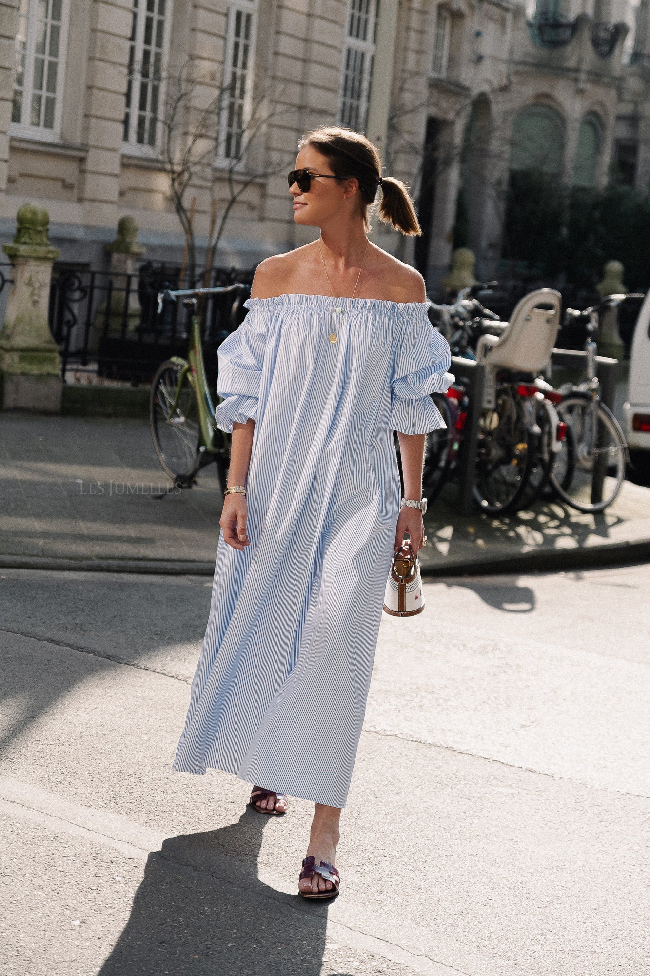 Isabeau off shoulder maxi dress blue/white