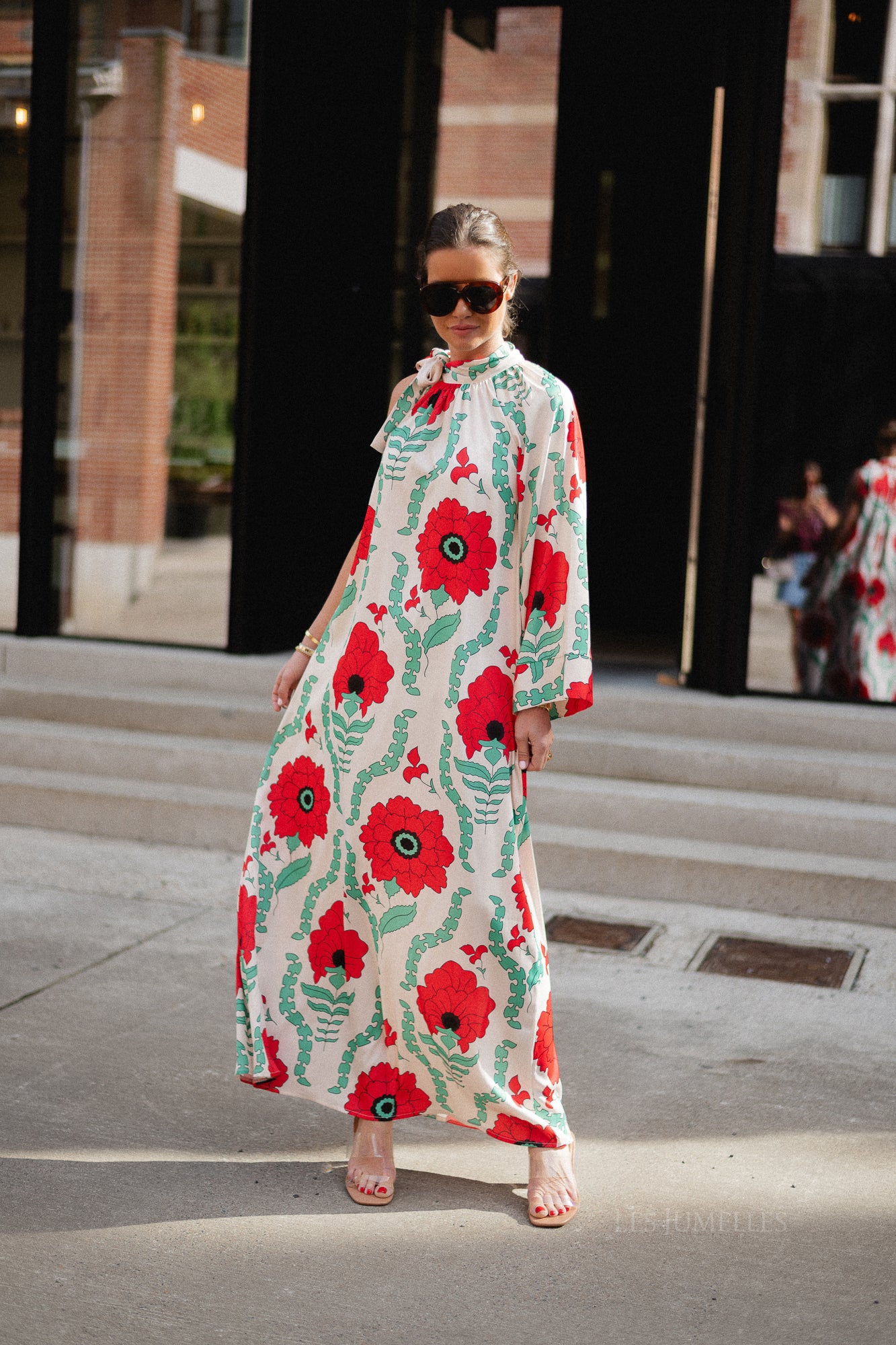 Chloe one shoulder maxi printed dress ecru/red