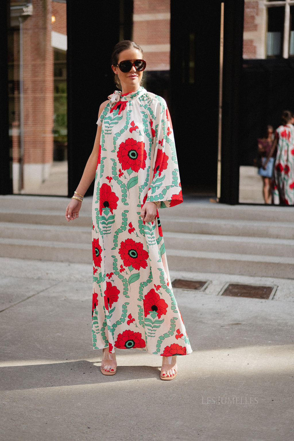 Chloe one shoulder maxi printed dress ecru/red