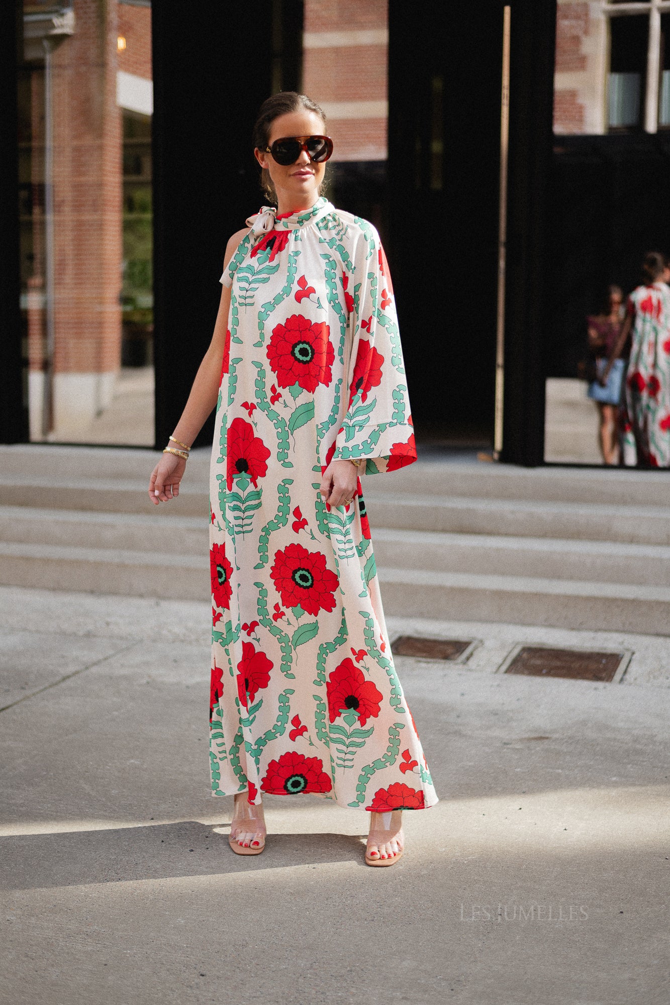 Chloe one shoulder maxi printed dress ecru/red